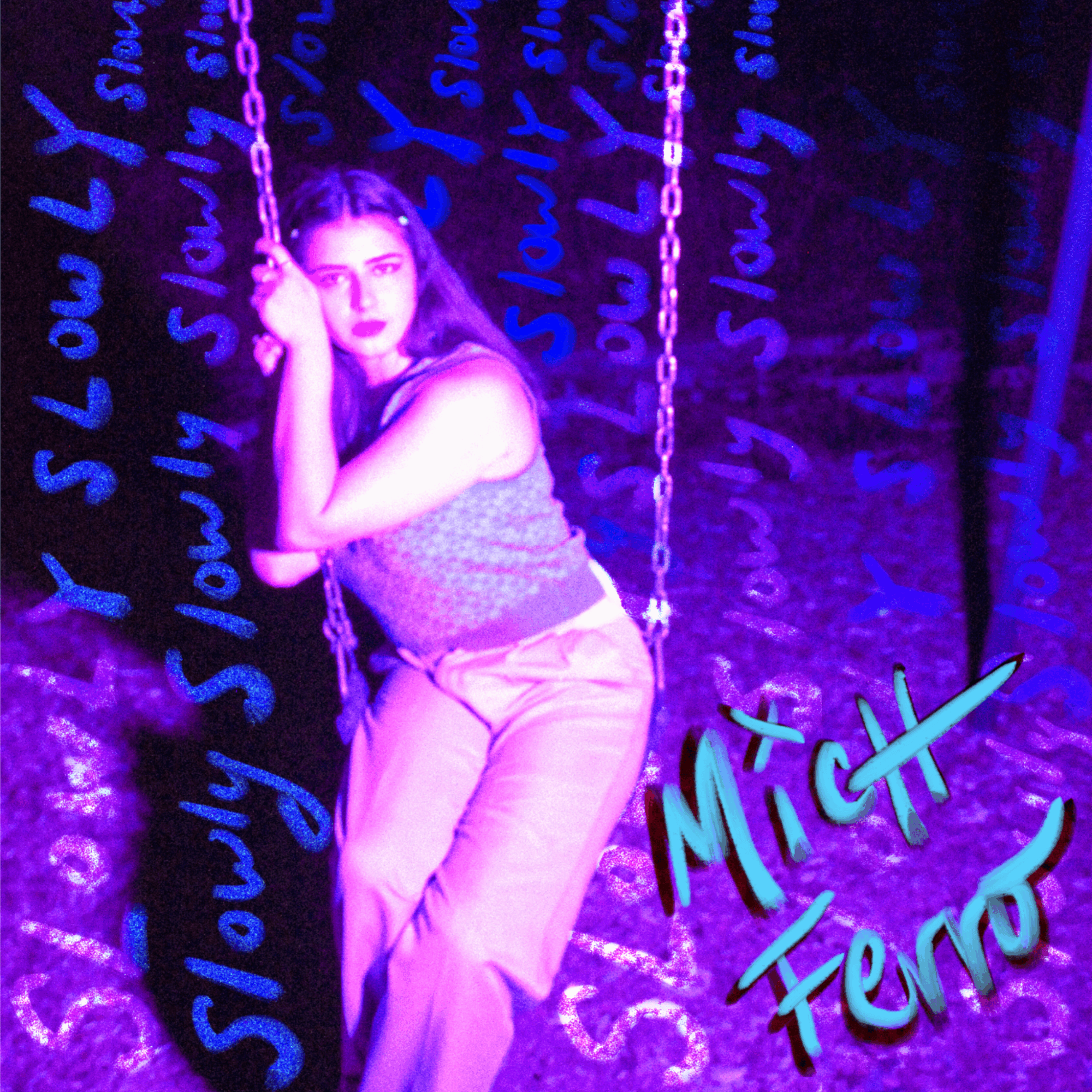 A woman sitting on a swing with a chain, surrounded by neon blue and purple graffiti-like text, in a dark setting.