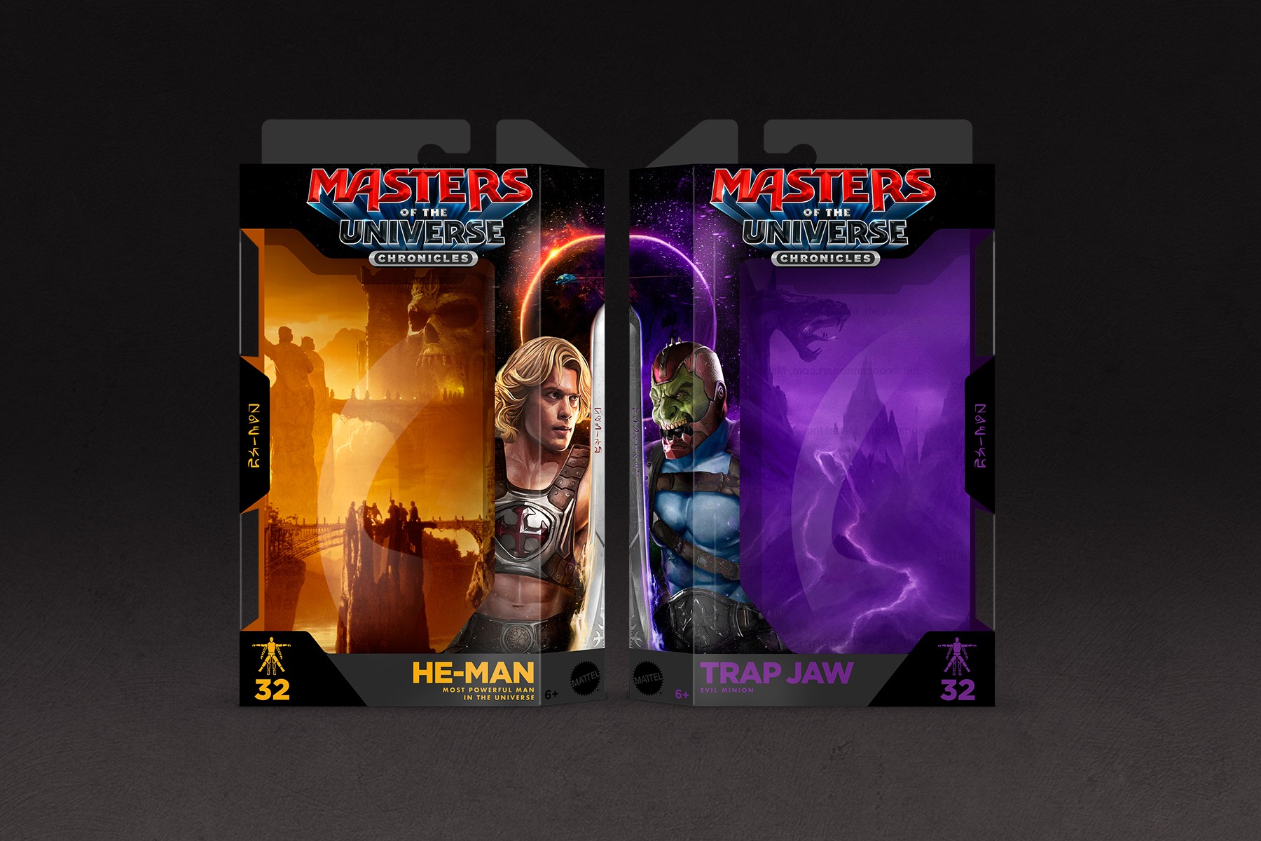 Two boxed action figures from Masters of the Universe, He-Man and Trap Jaw, displayed side by side against a black background.