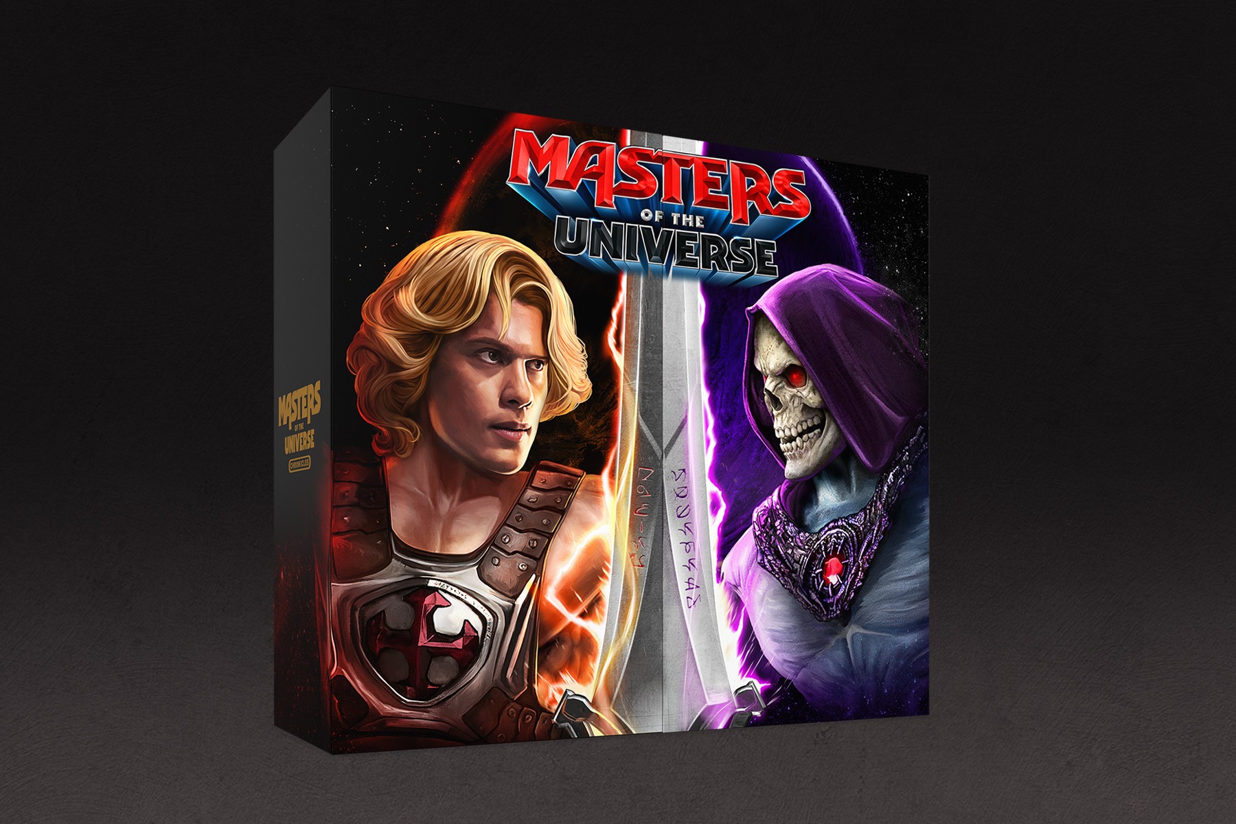 Box art for Masters of the Universe featuring a blonde woman with a sword and a purple-skinned skeleton character with a hood, logo at top.