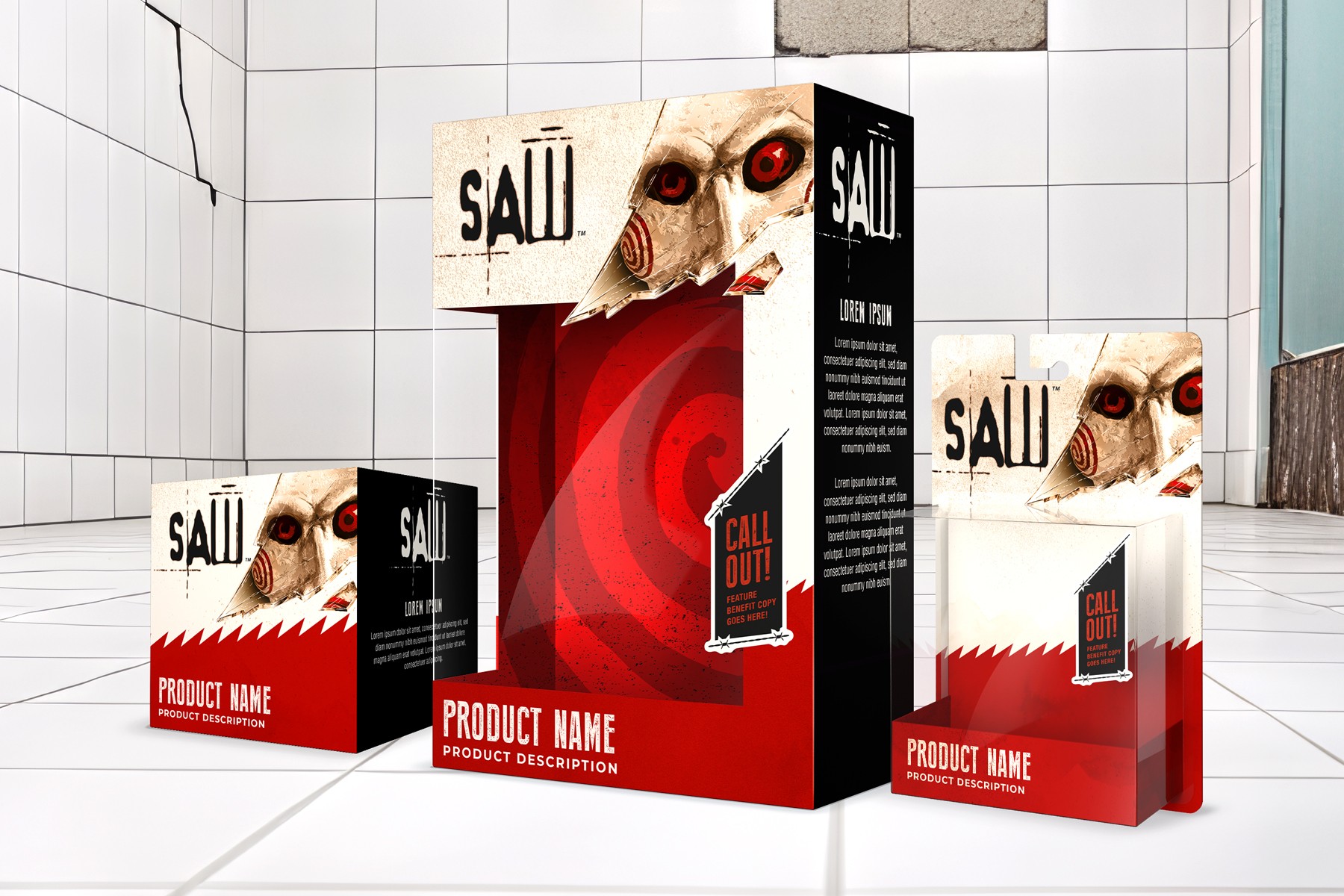 Three product boxes with skull images and red, black, and white design elements, displayed on a tiled surface.