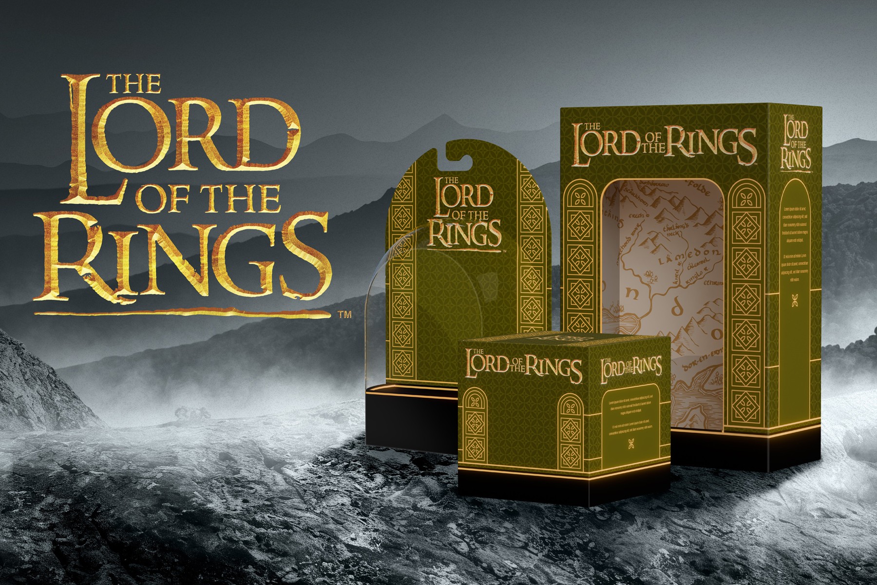 Box set of The Lord of the Rings books with a mountain landscape background, featuring gold and green packaging.