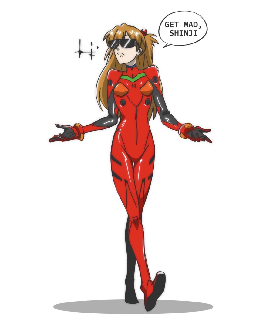 Anime-style character with long hair, wearing a red and black suit, sunglasses, and a speech bubble saying