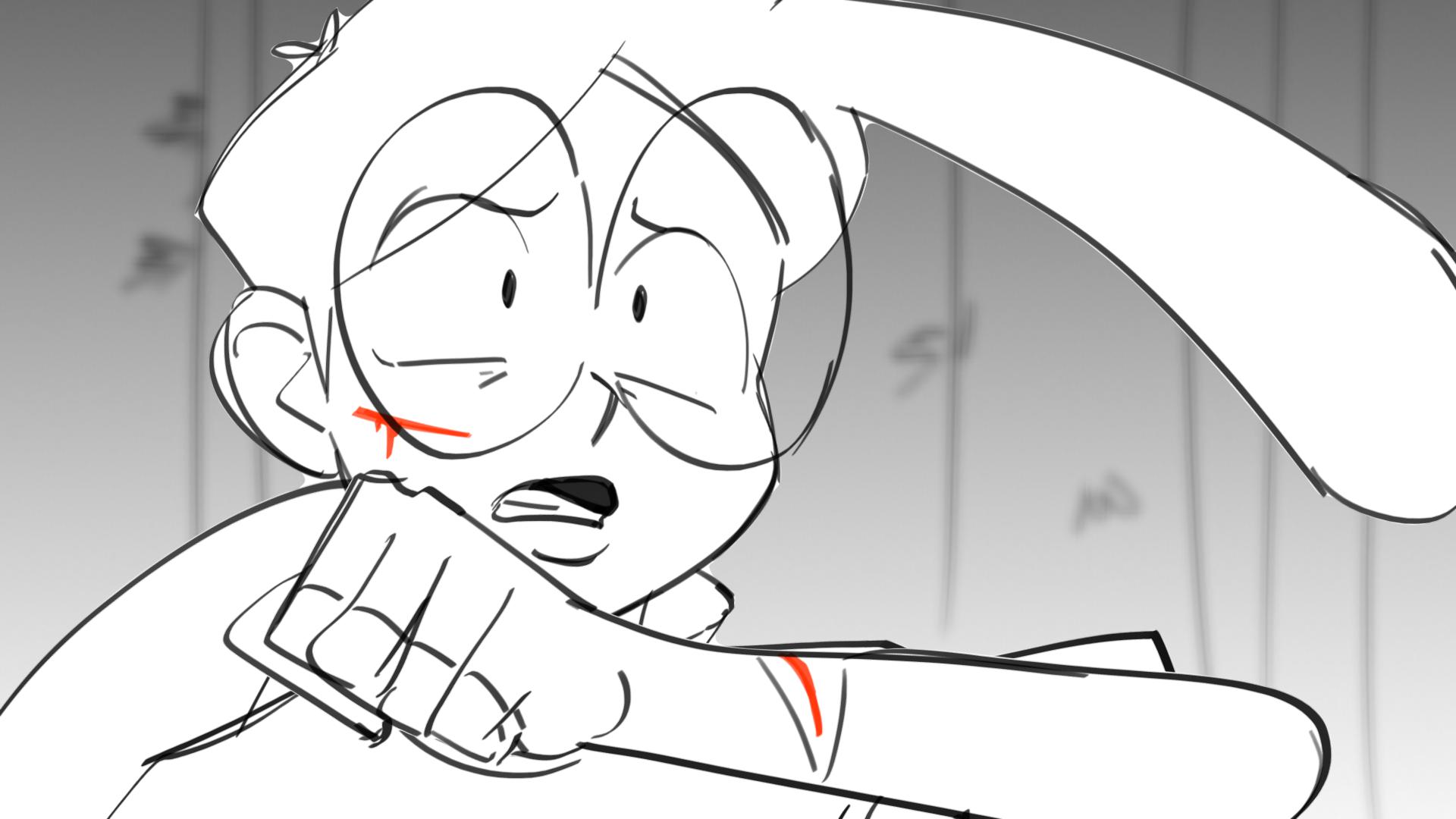 A person with glasses and a surprised expression, holding a long object, in a black-and-white drawing.