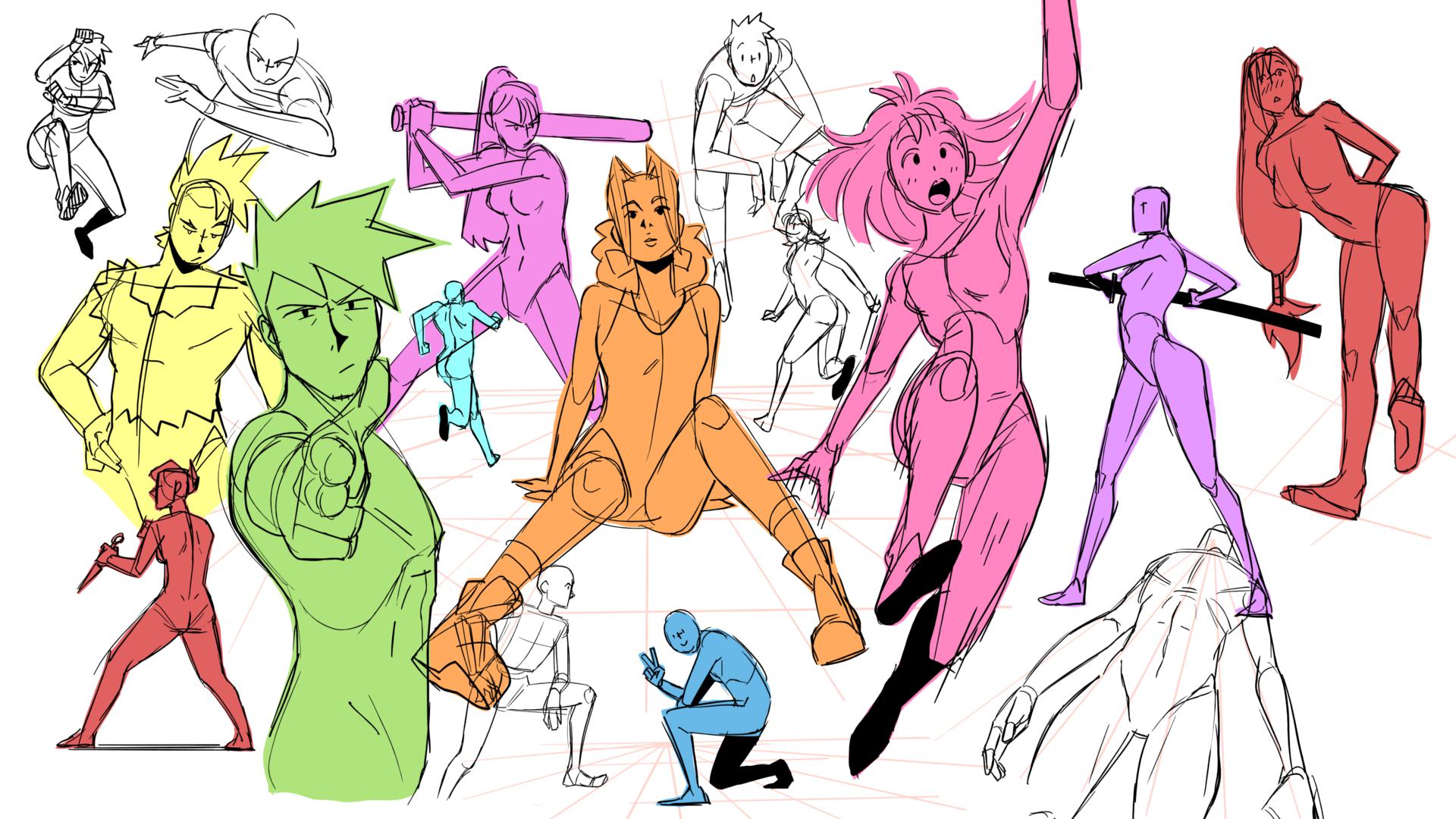 Multiple colorful sketches of characters in various poses, some holding weapons, with some sketches in color and others in black and white.