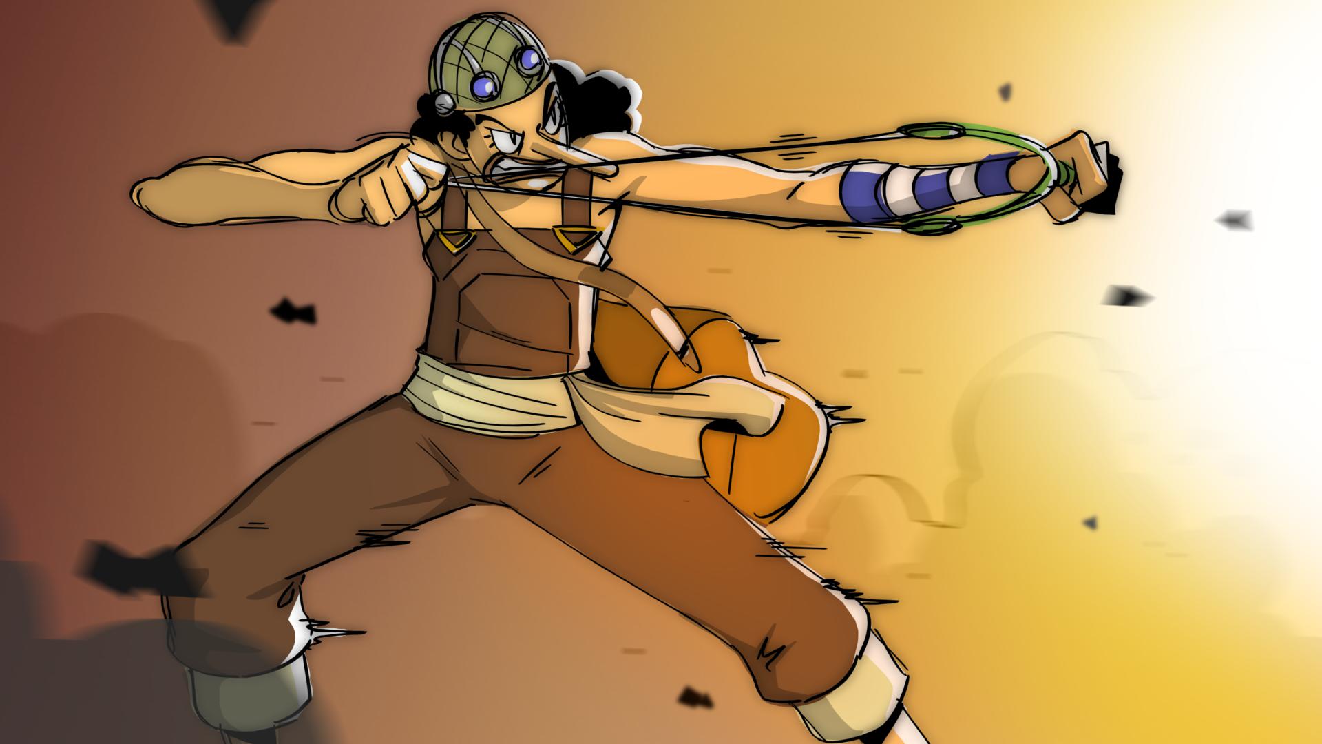 A character in a brown outfit and goggles aims a bow and arrow against a sunset background.