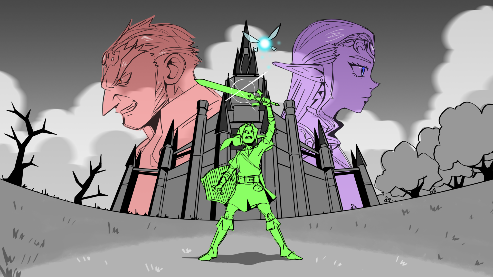 A green character with a sword stands in front of a castle, with two large faces in the background, one male and one female.