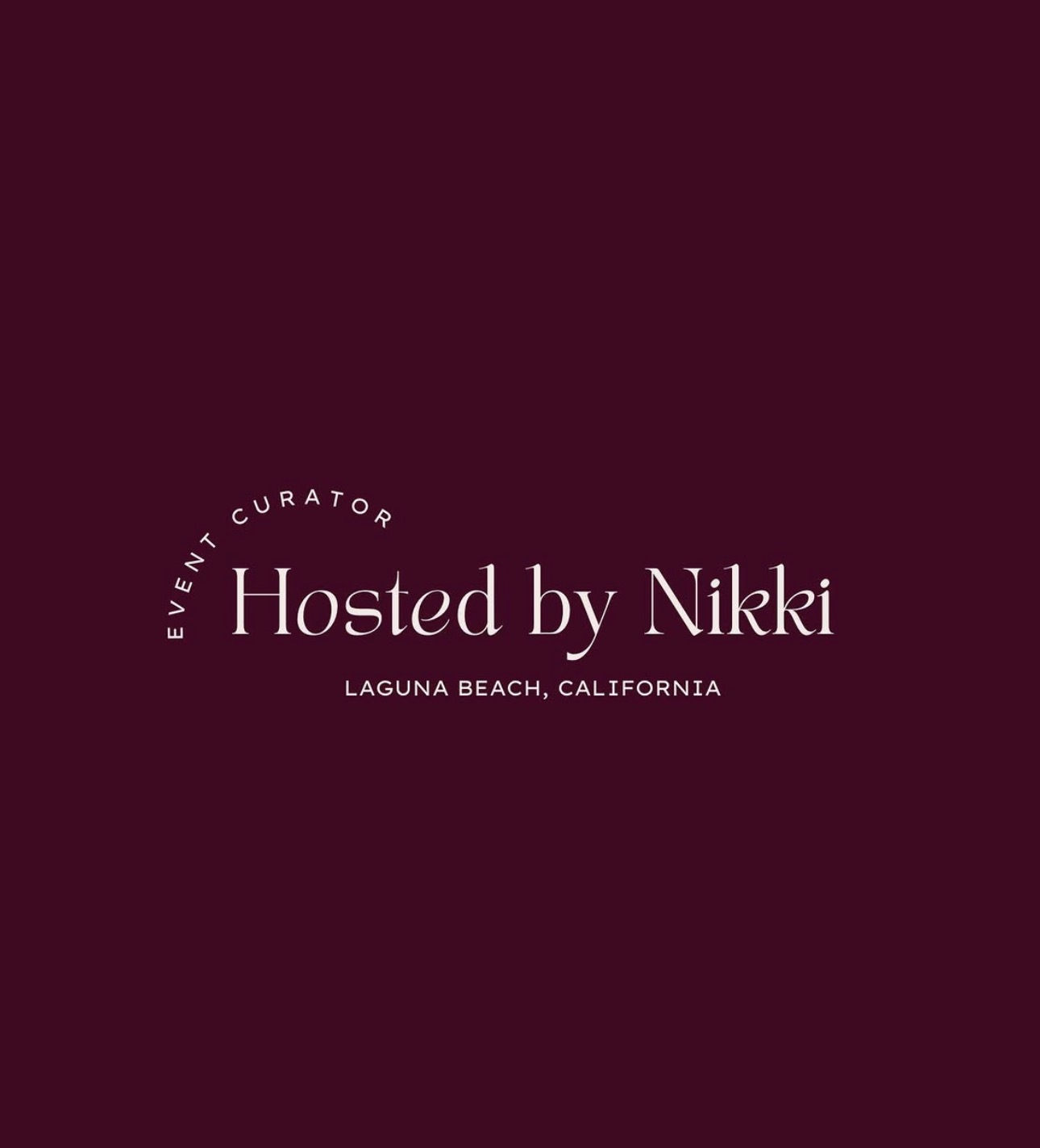 Text on a dark purple background reads 'Hosted by Nikki, Laguna Beach, California,' with a small 'Event Curator' label above.