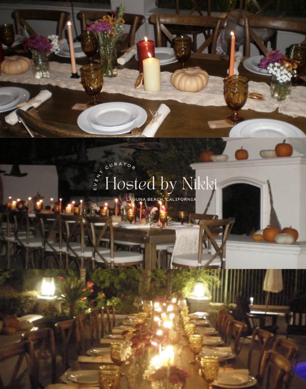 Decorated dining table with candles, flowers, pumpkins, and tableware, set outdoors in evening lighting.