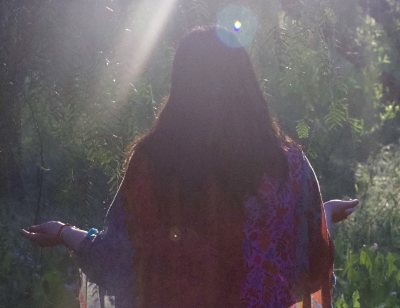 Person with long hair standing outdoors with sunlight shining behind, holding objects in both hands, surrounded by greenery.