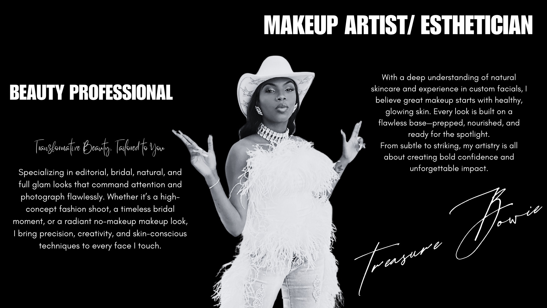 Black background with white text about makeup artist and beauty professional, featuring a woman in a white outfit and hat, holding a makeup brush.