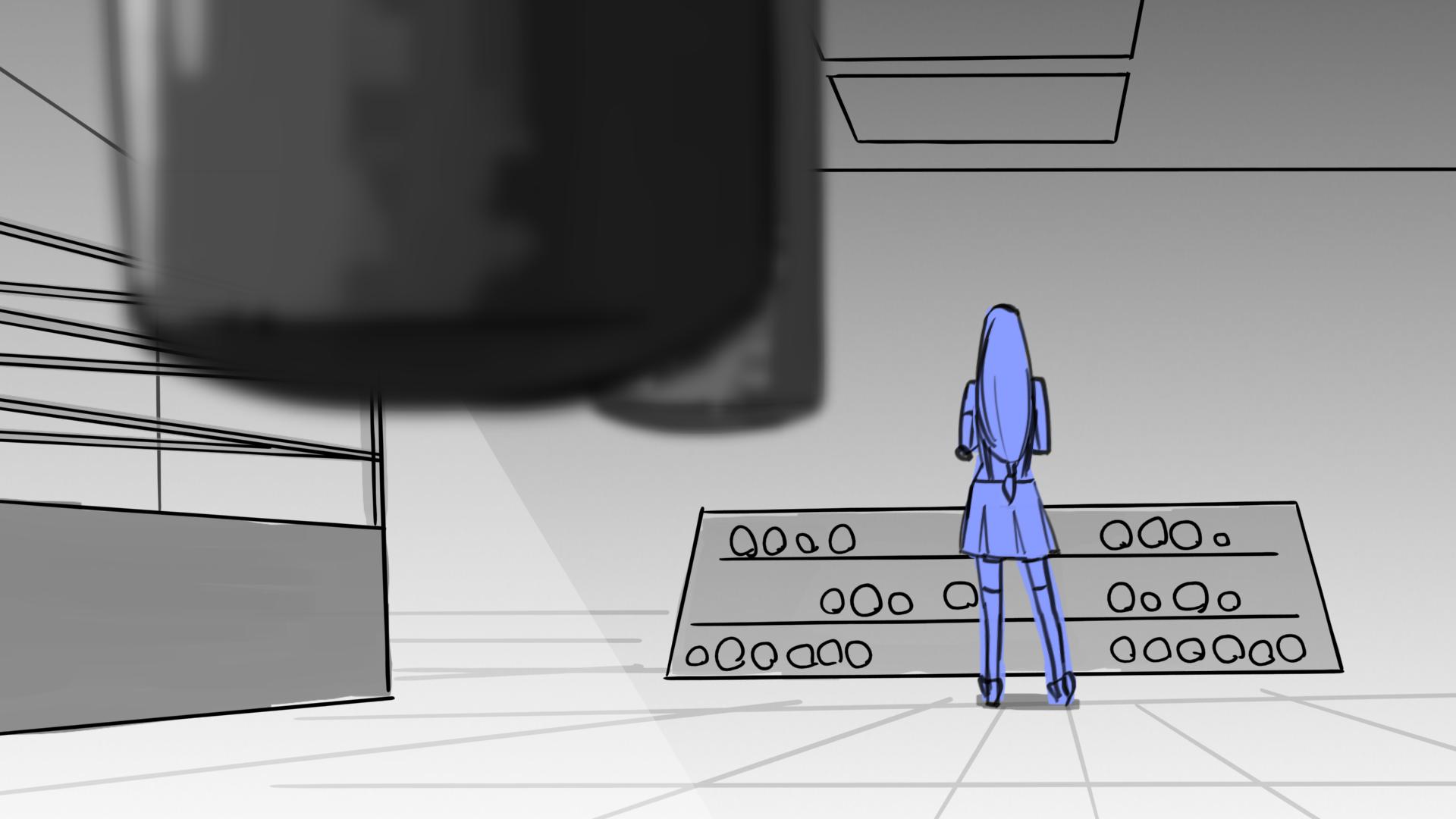 Person standing on a patterned floor in a room with shelves and ceiling panels, viewed from behind.