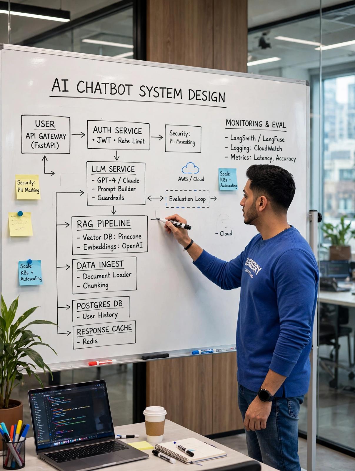 Man in blue shirt writing on whiteboard with AI chatbot system design diagram, monitors, and notes in background.