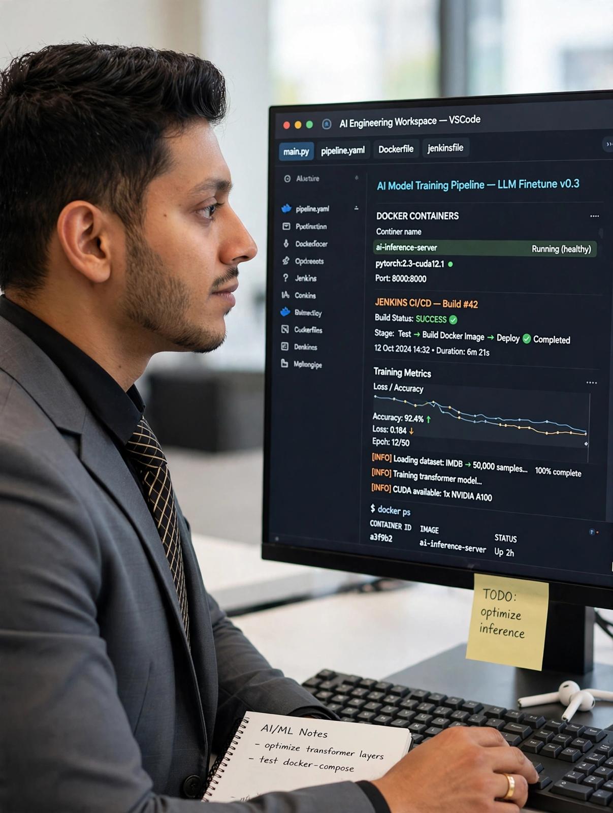 Man in suit working at computer with code and data on screen, yellow sticky note on desk, notebook nearby.