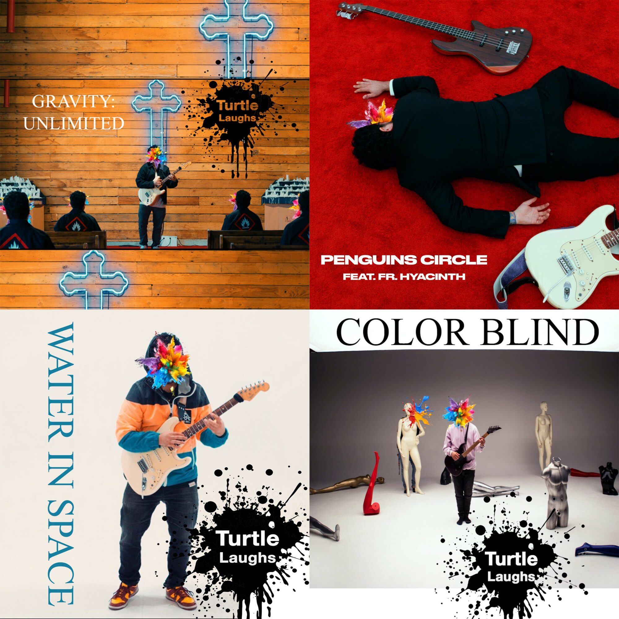 Four album covers featuring musicians with guitars, colorful wigs, and abstract backgrounds, with band names and titles displayed.