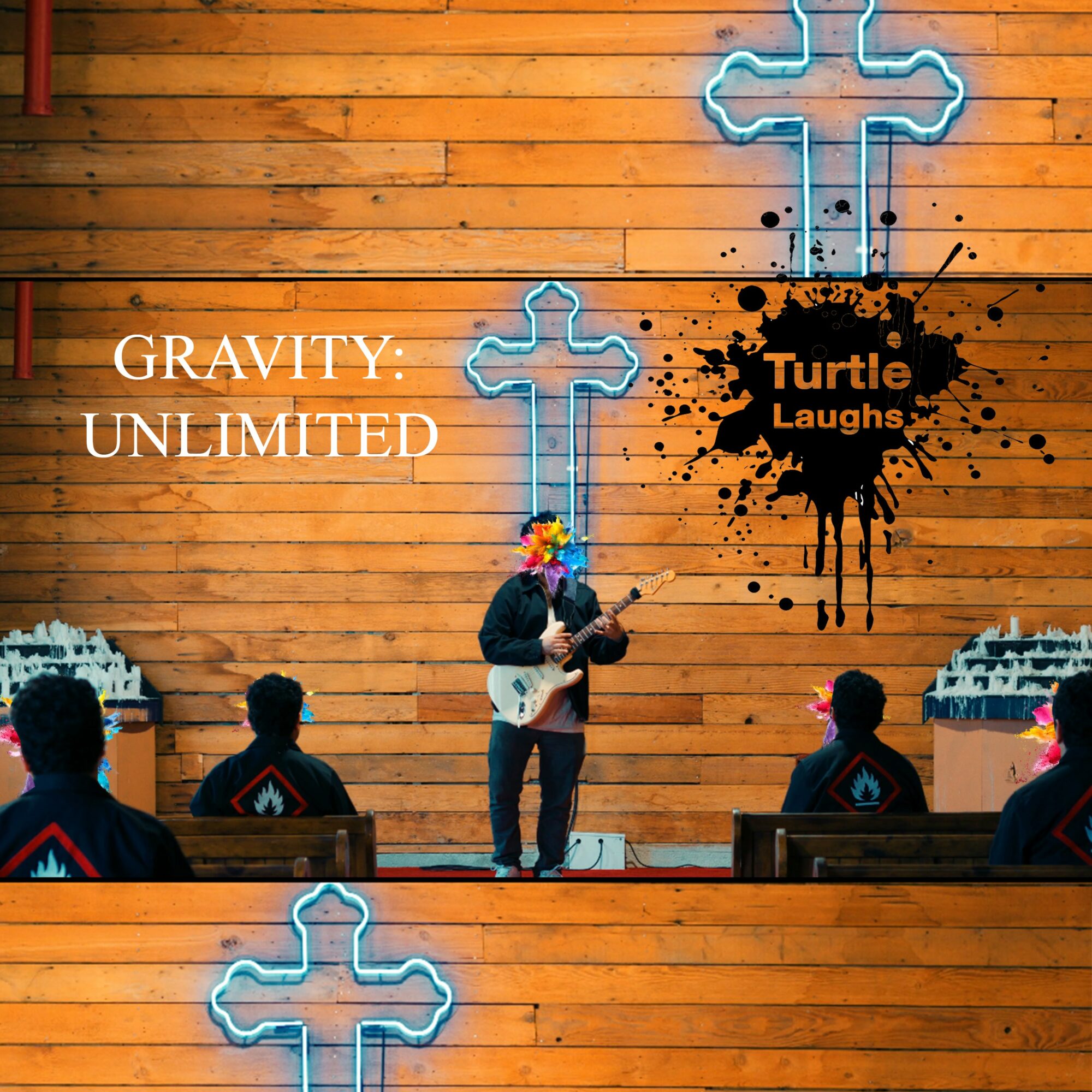 Person playing guitar on stage with neon cross and text, audience seated in front, wooden background, Turtle Laughs logo.