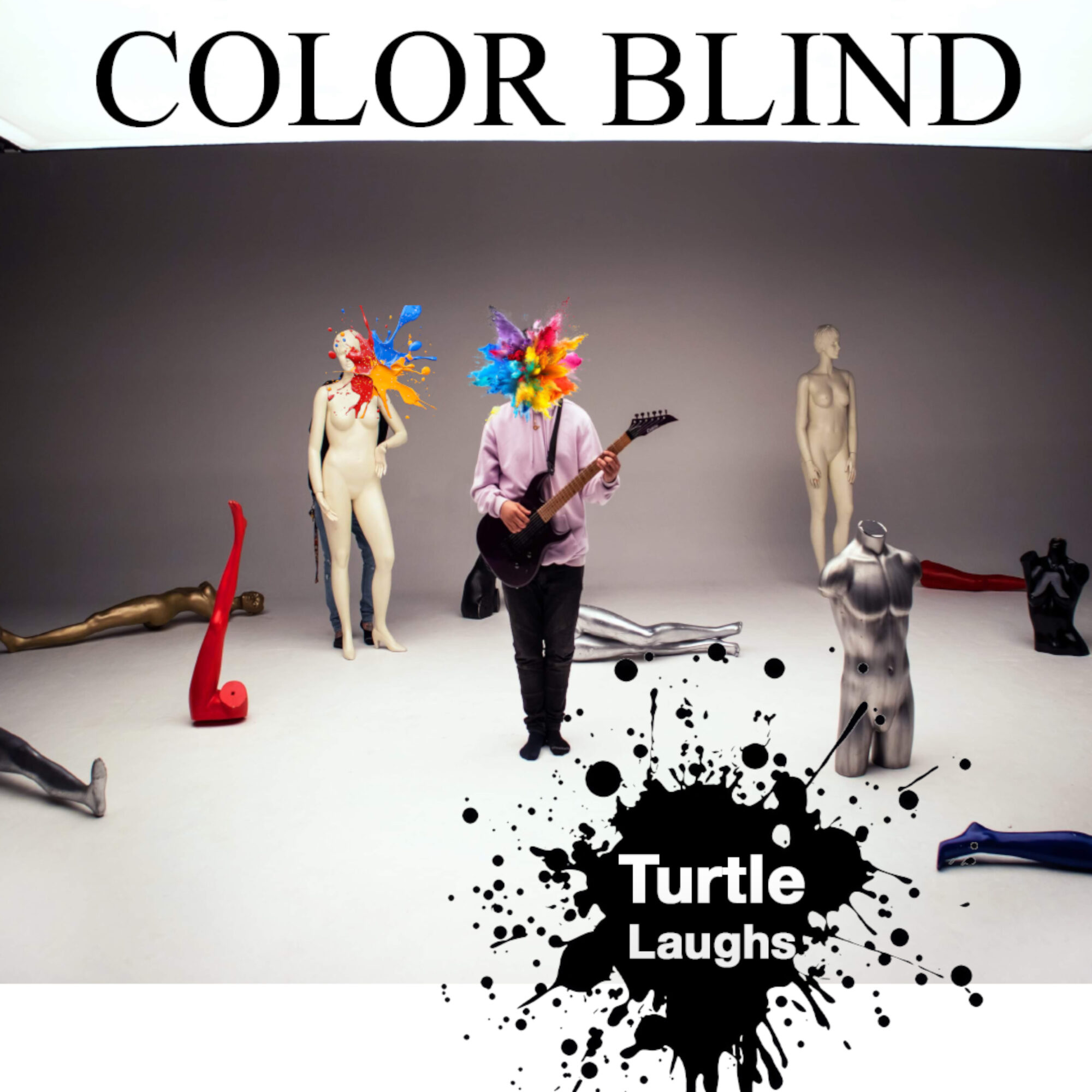 Person with a colorful headpiece playing guitar surrounded by mannequins and abstract objects, with text 'COLOR BLIND' and 'Turtle Laughs'.