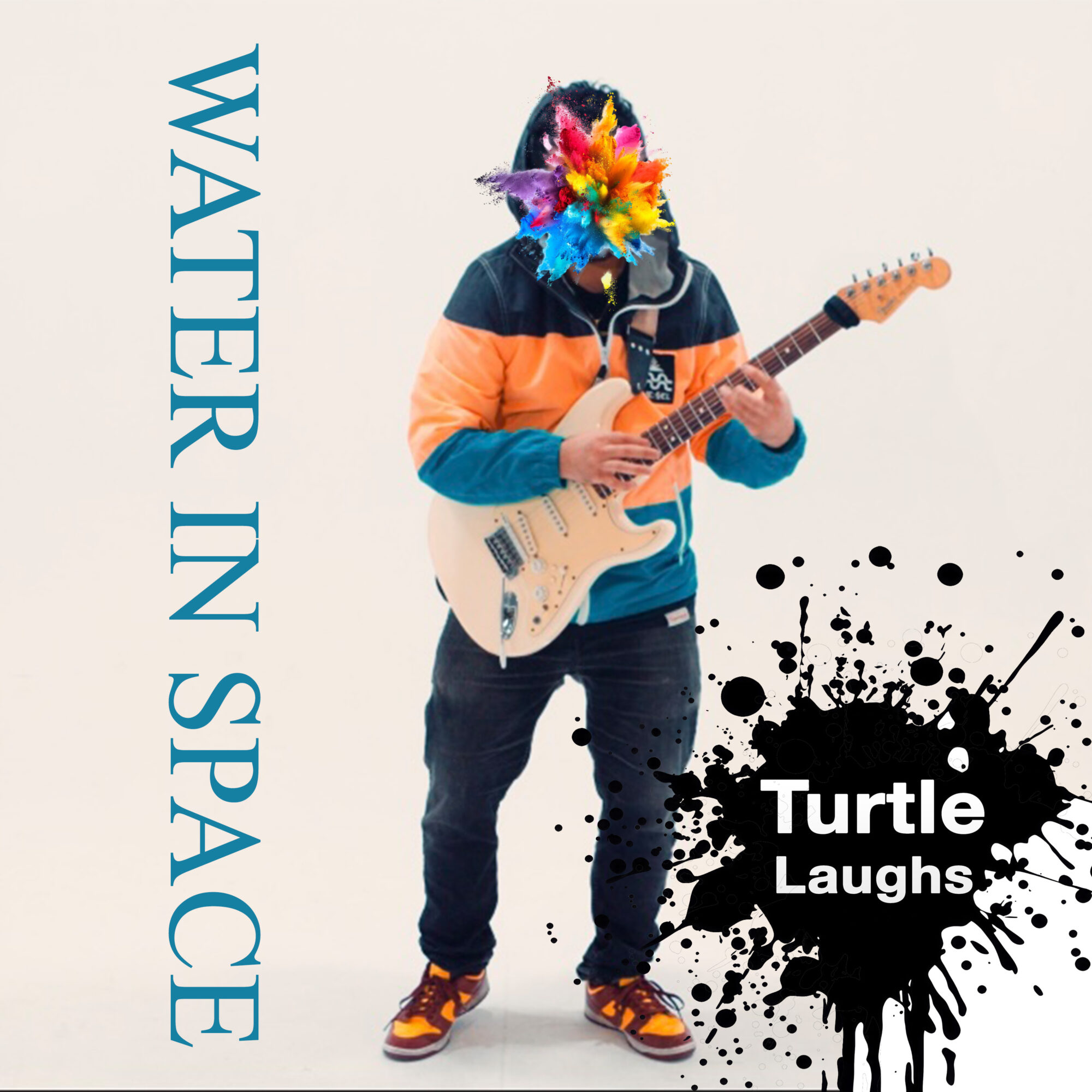 Person wearing a colorful mask and jacket playing an electric guitar, with text and splatter design on white background.