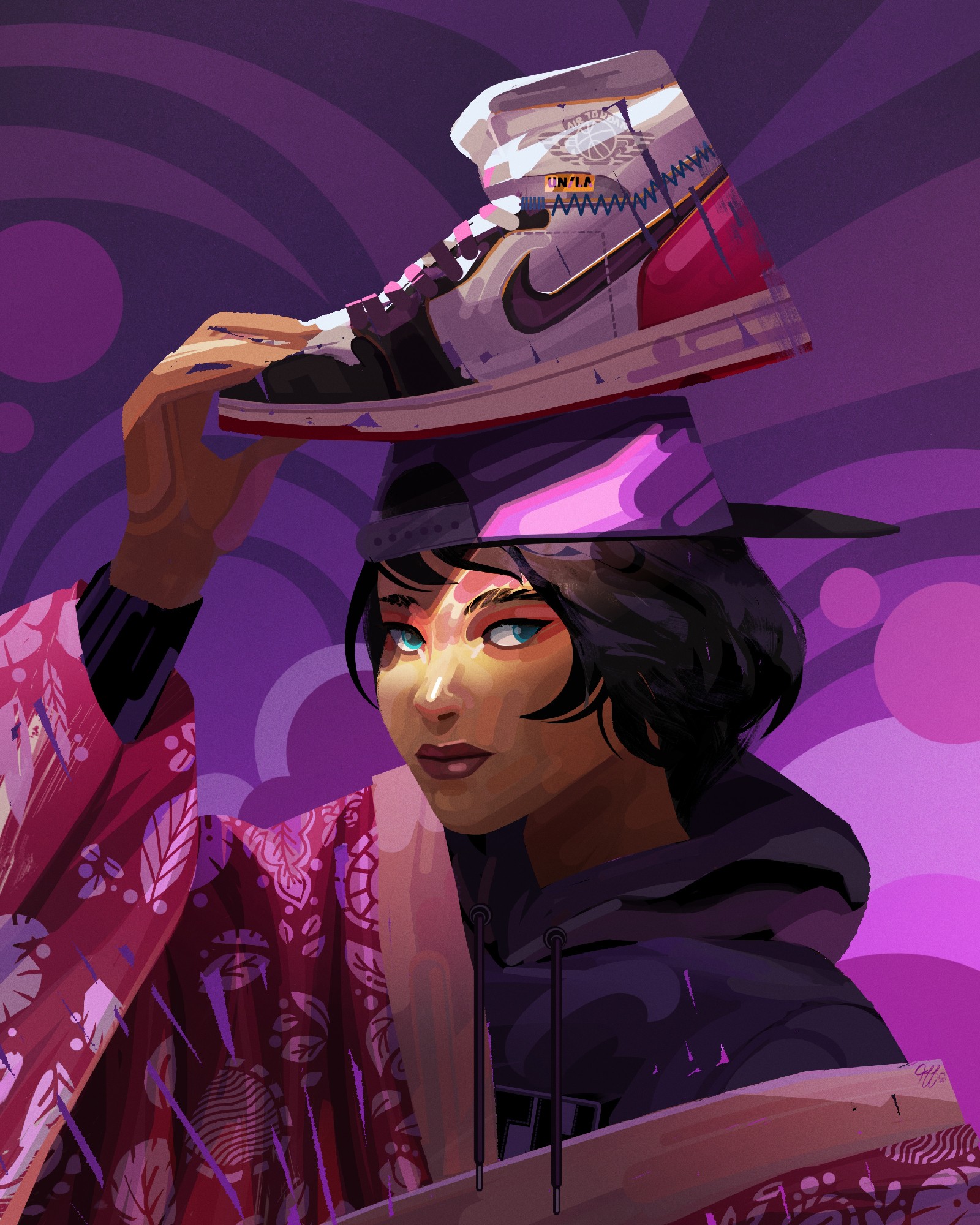 Woman with short black hair and dark lipstick holds a sneaker on her head, purple background, wearing a black hoodie.
