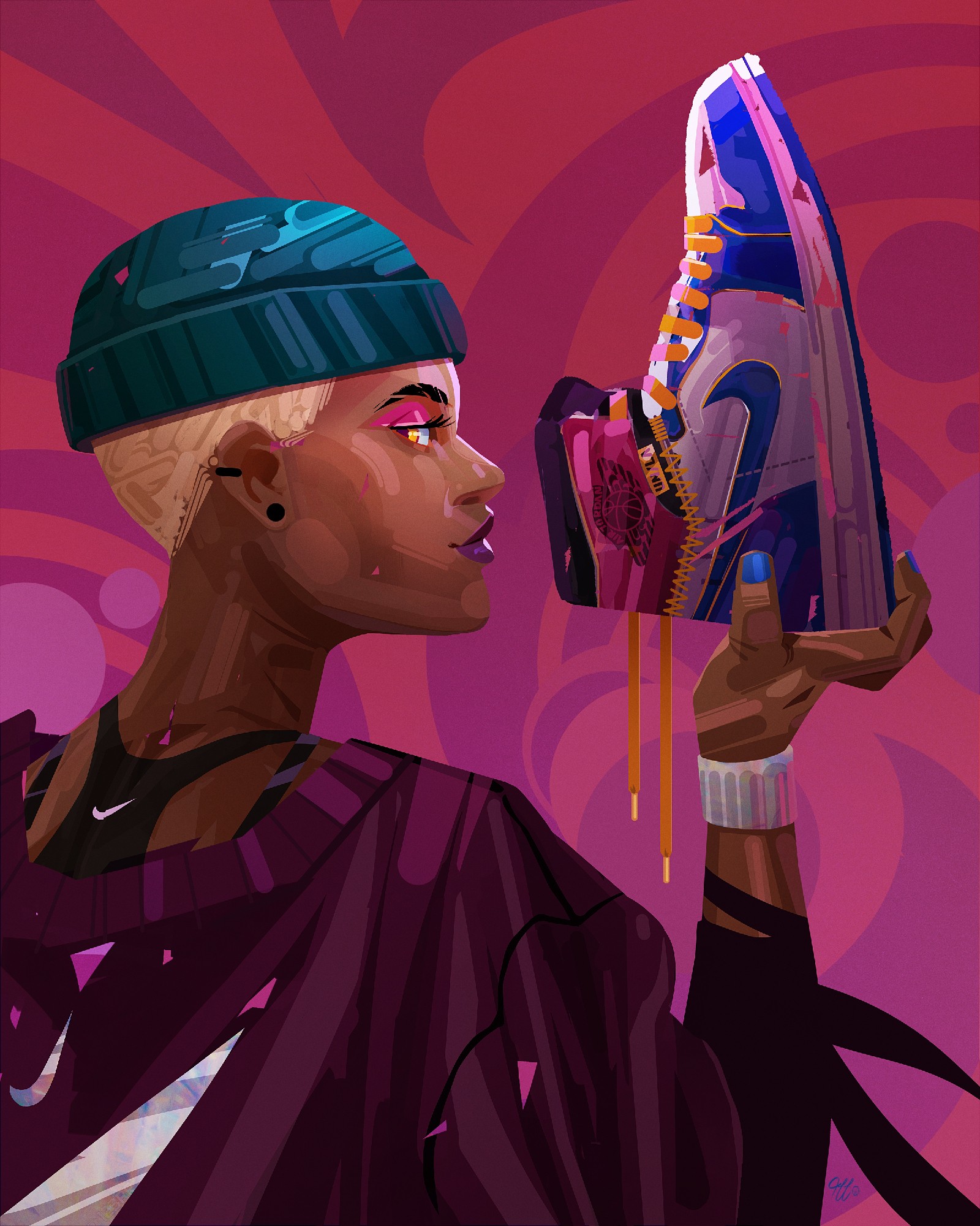 Side profile of a person with short blonde hair, wearing a black beanie, holding a colorful sneaker, with a pink and purple background.