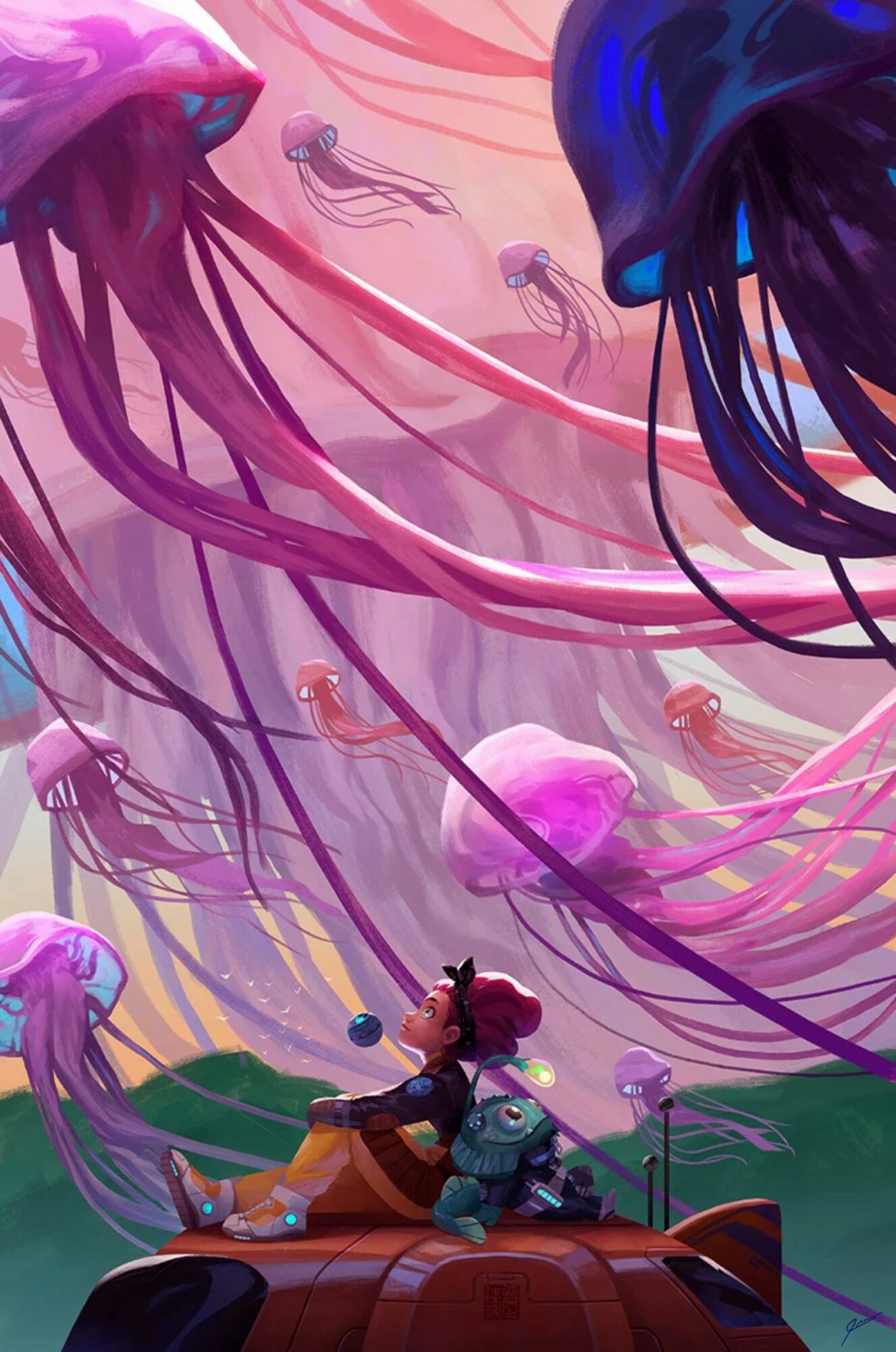 Two children sit on a boat surrounded by large, colorful jellyfish in an underwater scene.