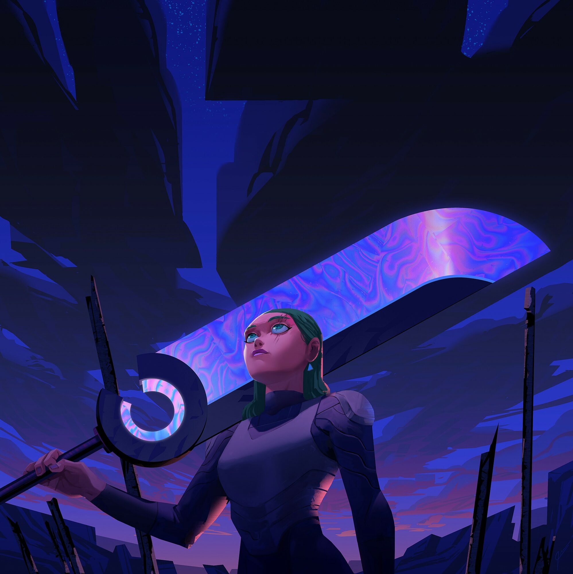 Futuristic scene with a woman holding a staff, glowing sky, and abstract structures around her.
