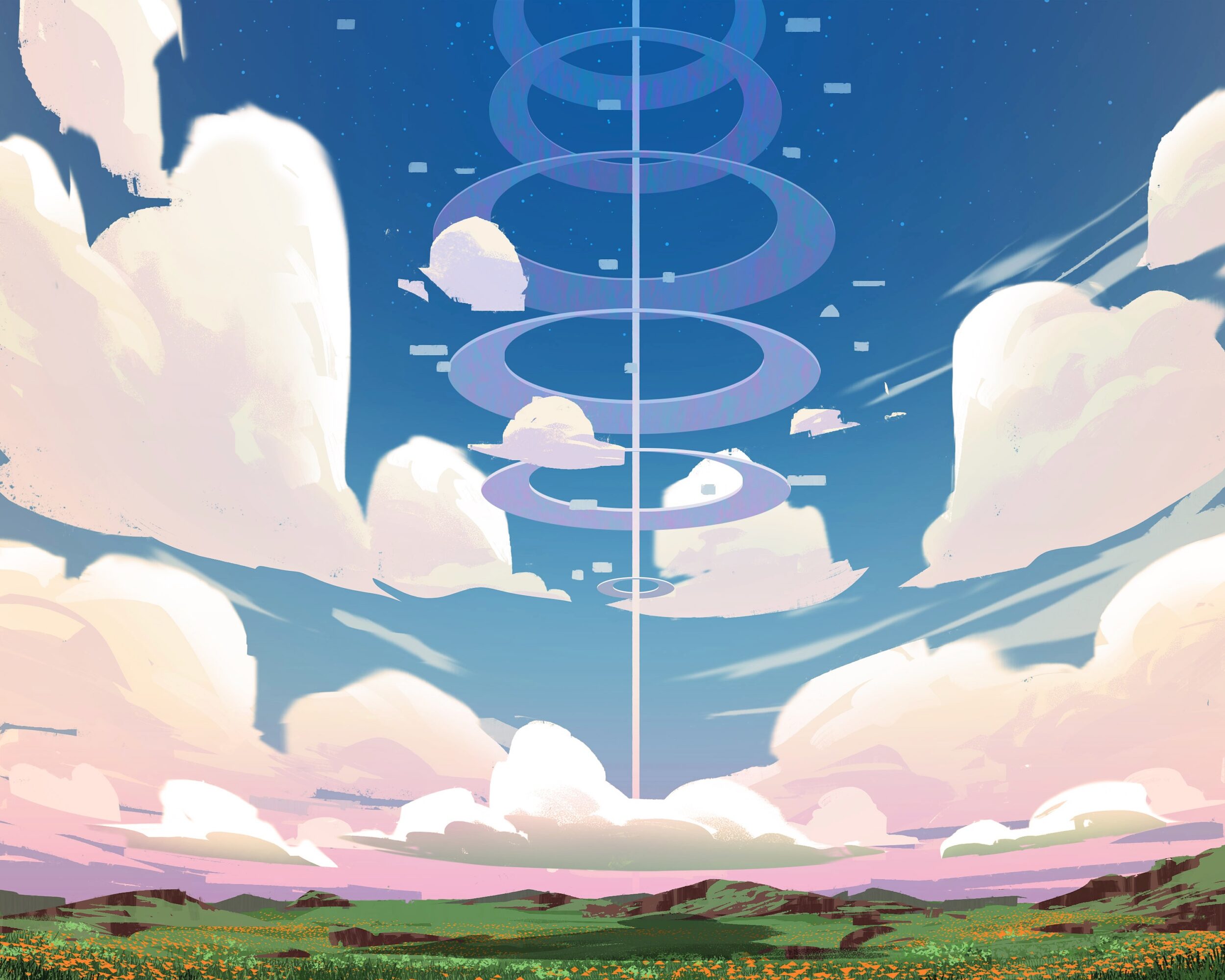 A digital illustration of a sky with clouds and a tall, spiraling structure extending upward, with a landscape below.