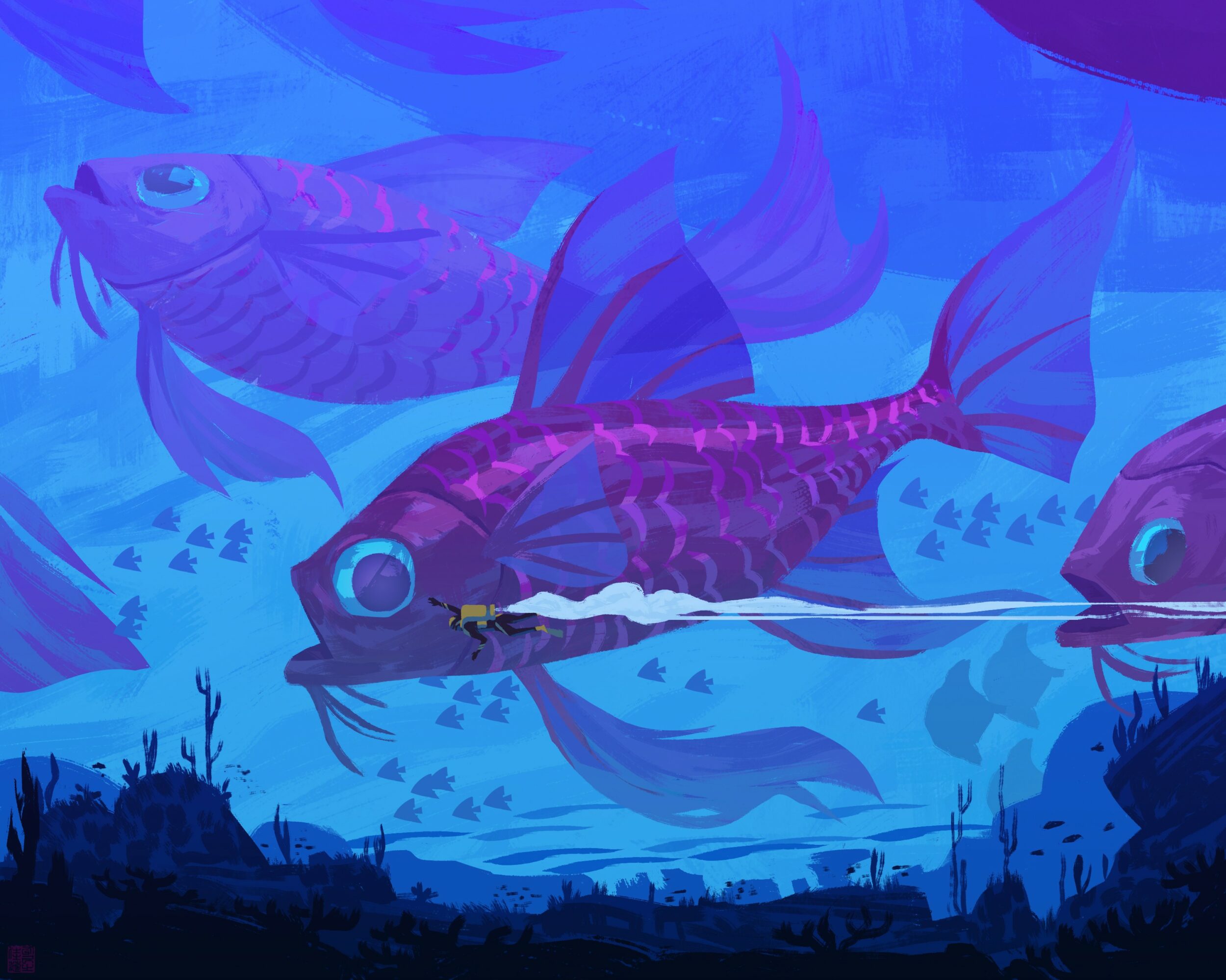 Underwater scene with colorful fish swimming among aquatic plants, in shades of blue and purple.