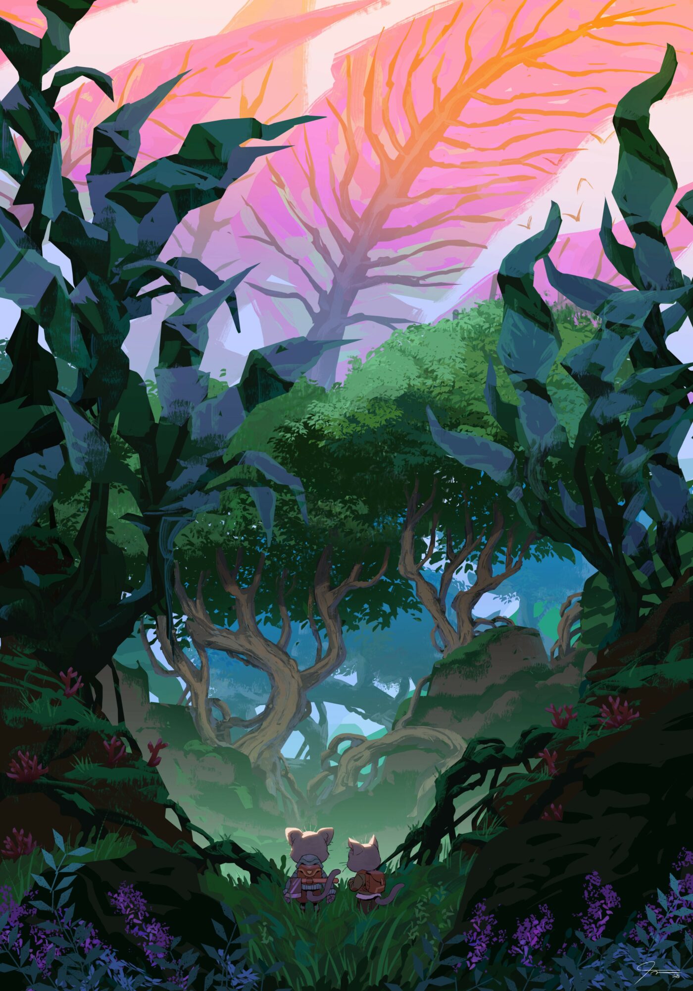 Two animals sit in a lush forest with colorful, layered trees and plants, under a vibrant pink and purple sky.