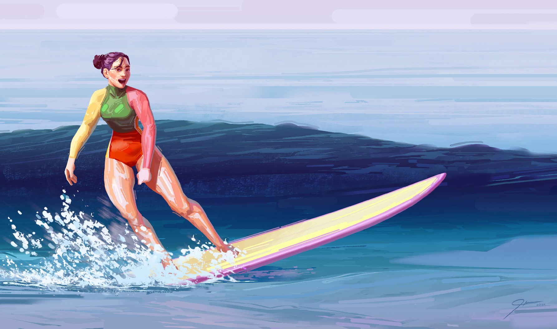 Person surfing on a wave with a pink and yellow surfboard, wearing a green top and red shorts, in water.