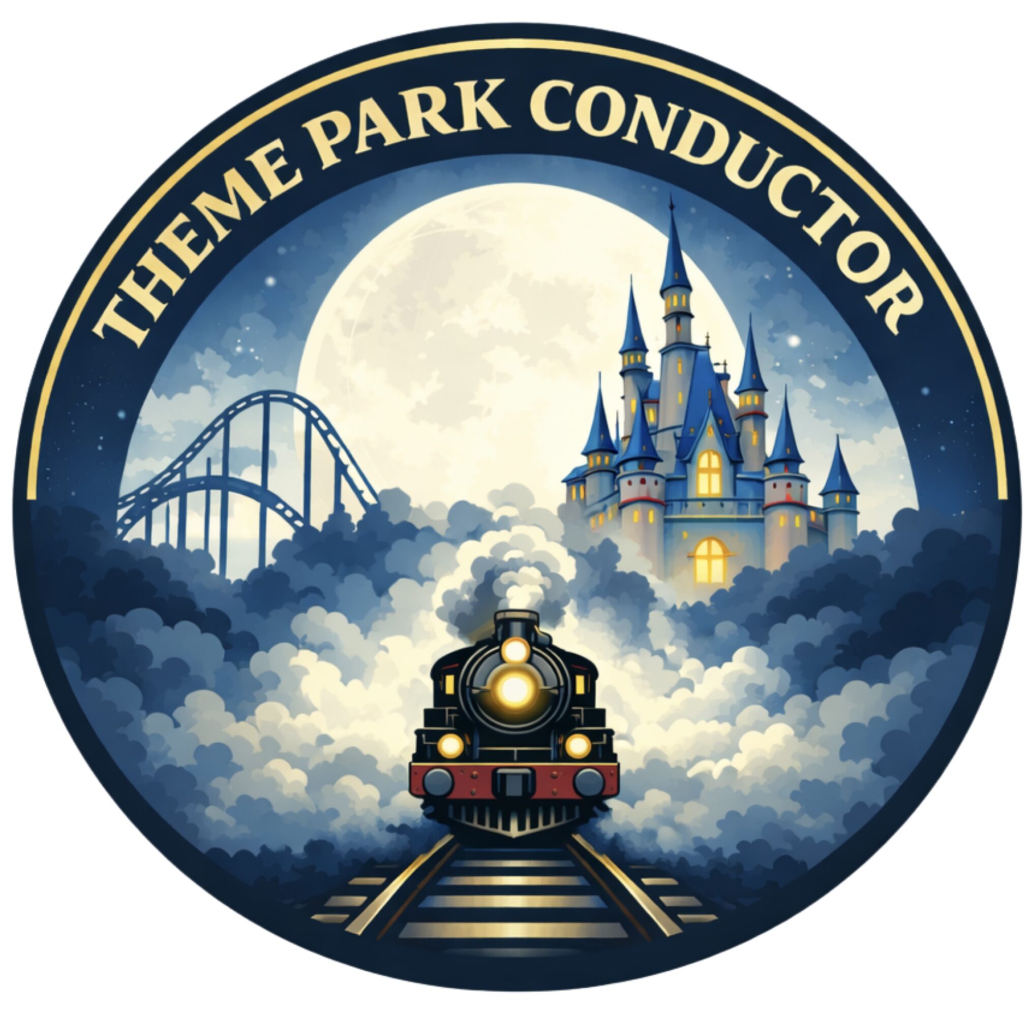 A train approaching a castle with a full moon in the background, surrounded by clouds, with a roller coaster in the distance.