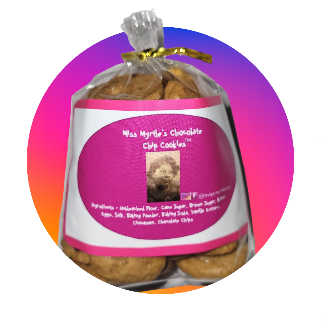 Clear bag of cookies with pink label, against a colorful gradient background. The label has text and a small photo.