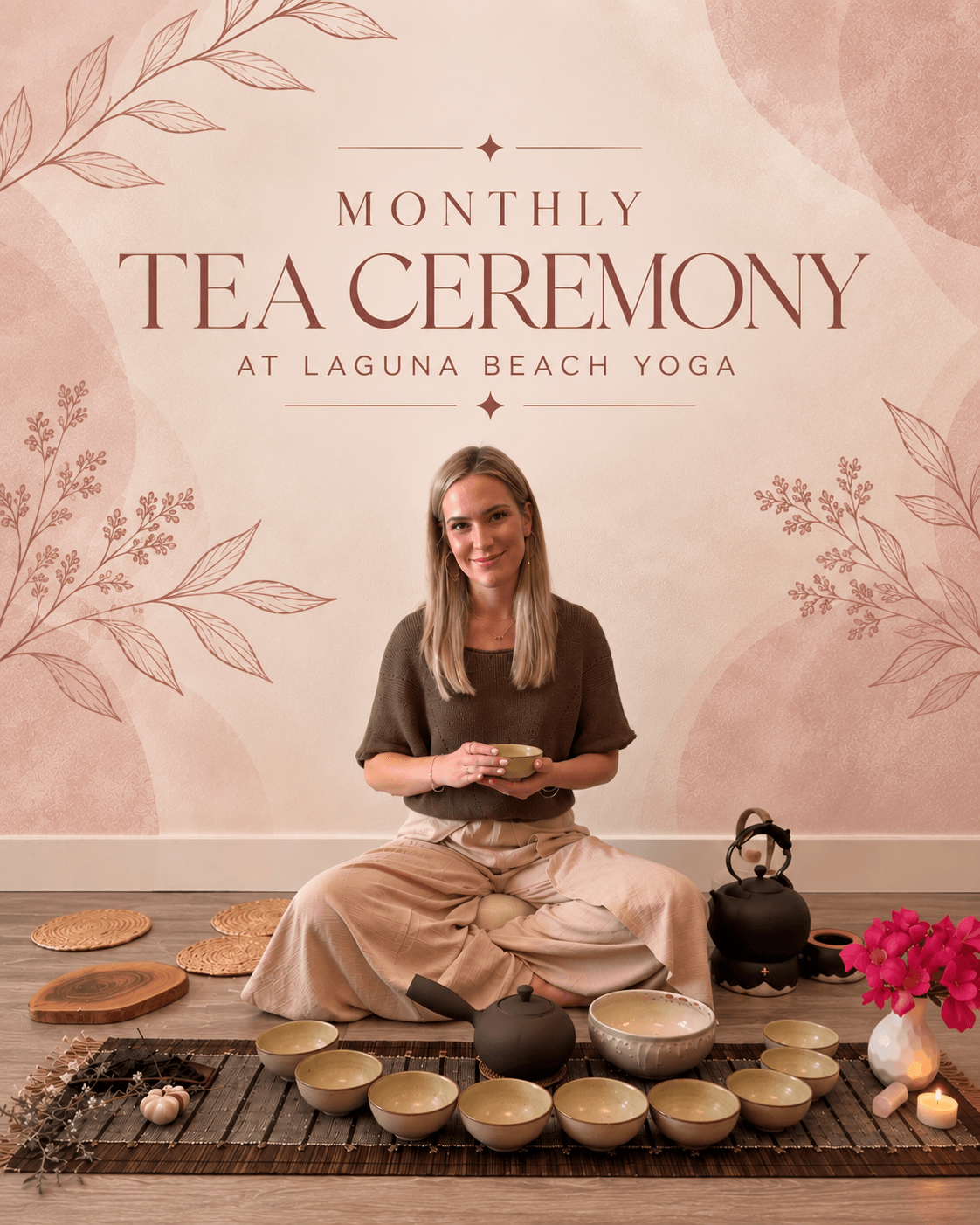 Woman sitting cross-legged with tea bowls and teapot at a tea ceremony event, pink floral background, text about monthly tea ceremony.