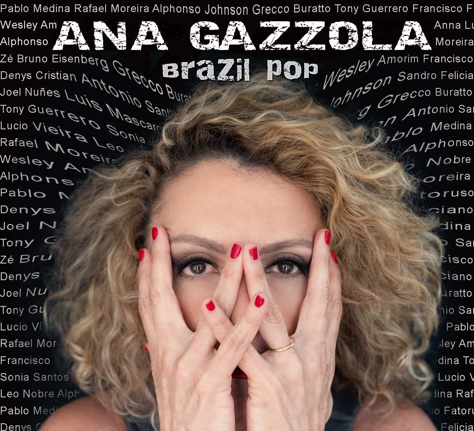 Woman with curly hair covering her face with hands, red nail polish, and a black background with white text.