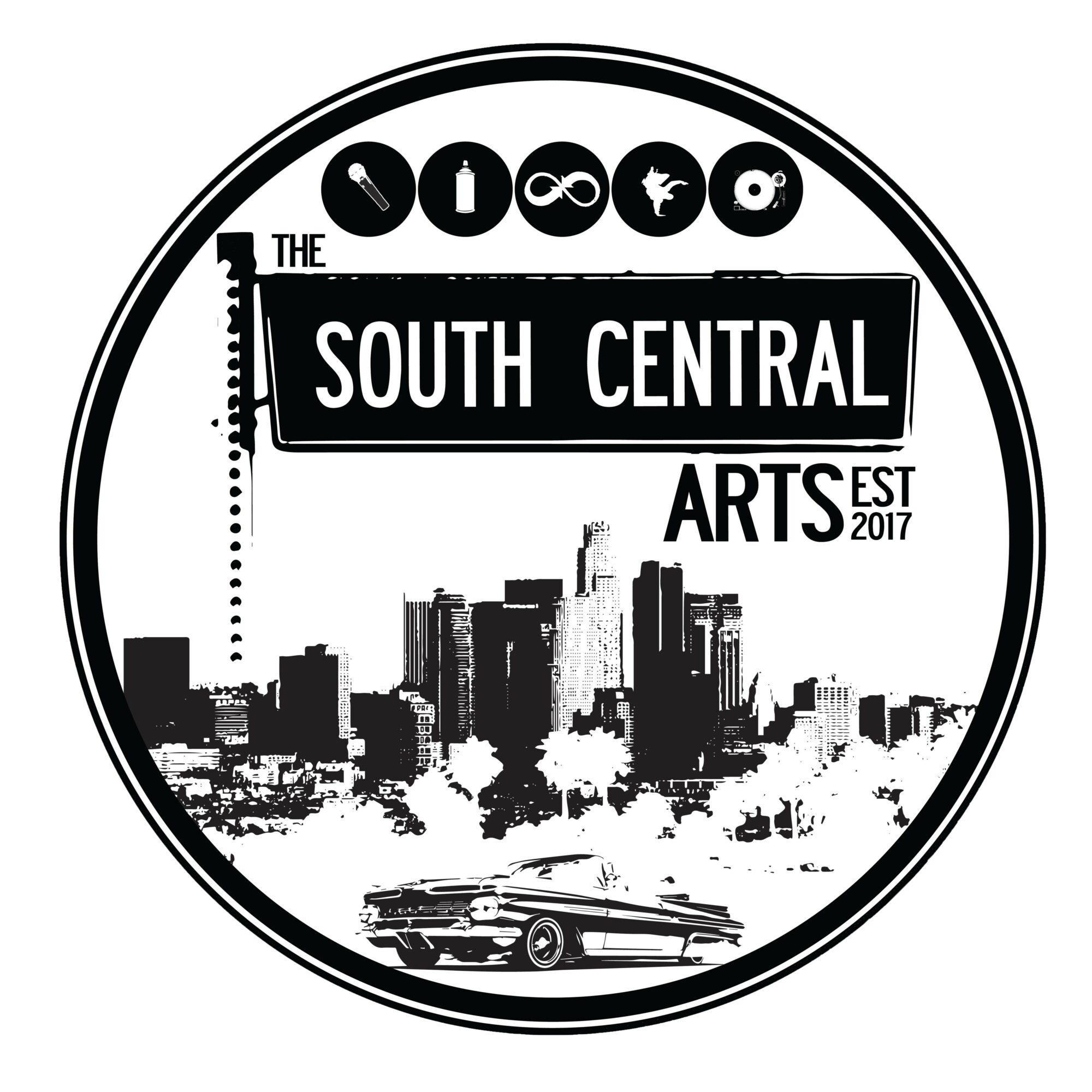 Circular logo with city skyline, vintage car, and icons representing arts and culture, with text 'South Central Arts EST 2017'.