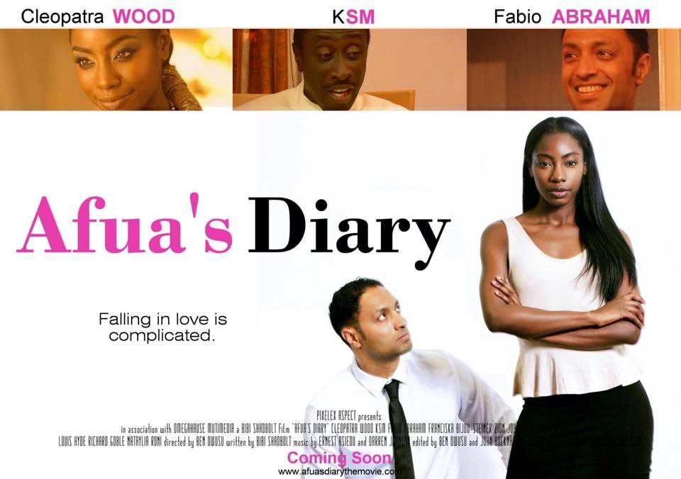 Promotional poster for 'Afua's Diary' featuring three people, with a woman standing and a man sitting, and text about love.