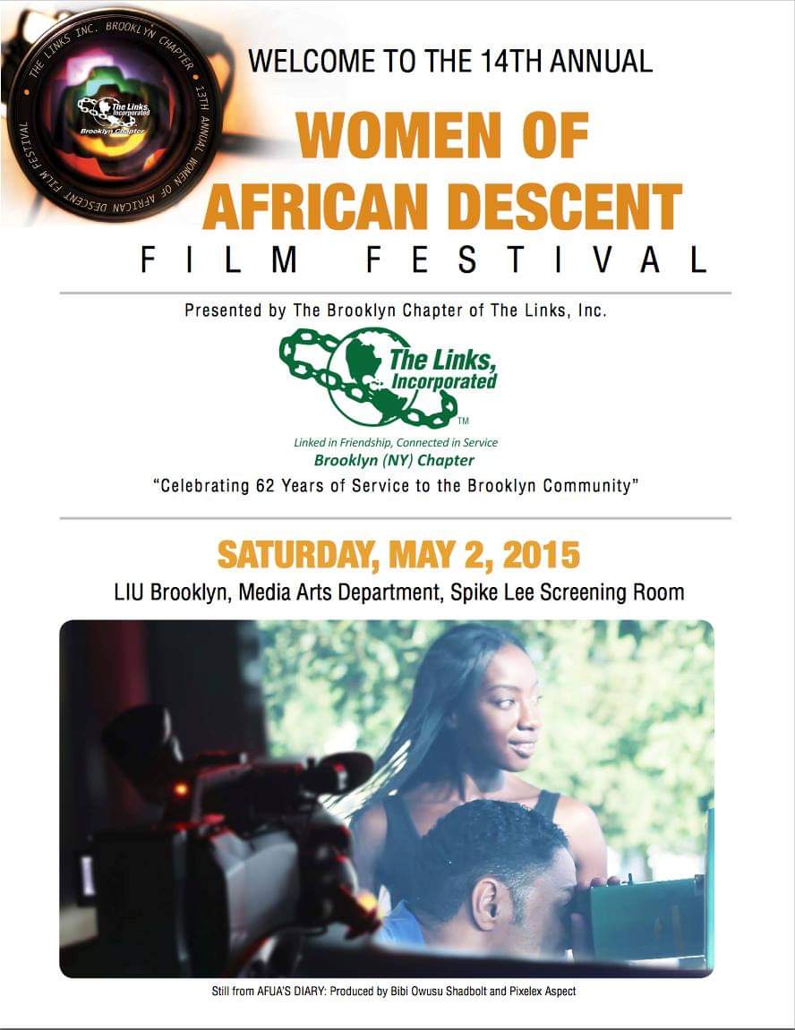 Event poster for the 14th annual Women of African Descent Film Festival, featuring a woman and a person with a camera outdoors.