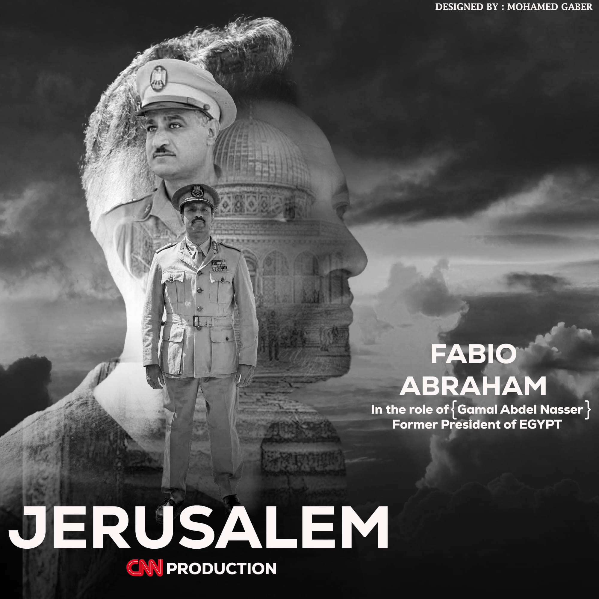 Black and white collage of a man in military uniform, a woman's face, and the Dome of the Rock, with text about Fabio Abraham and Jerusalem.