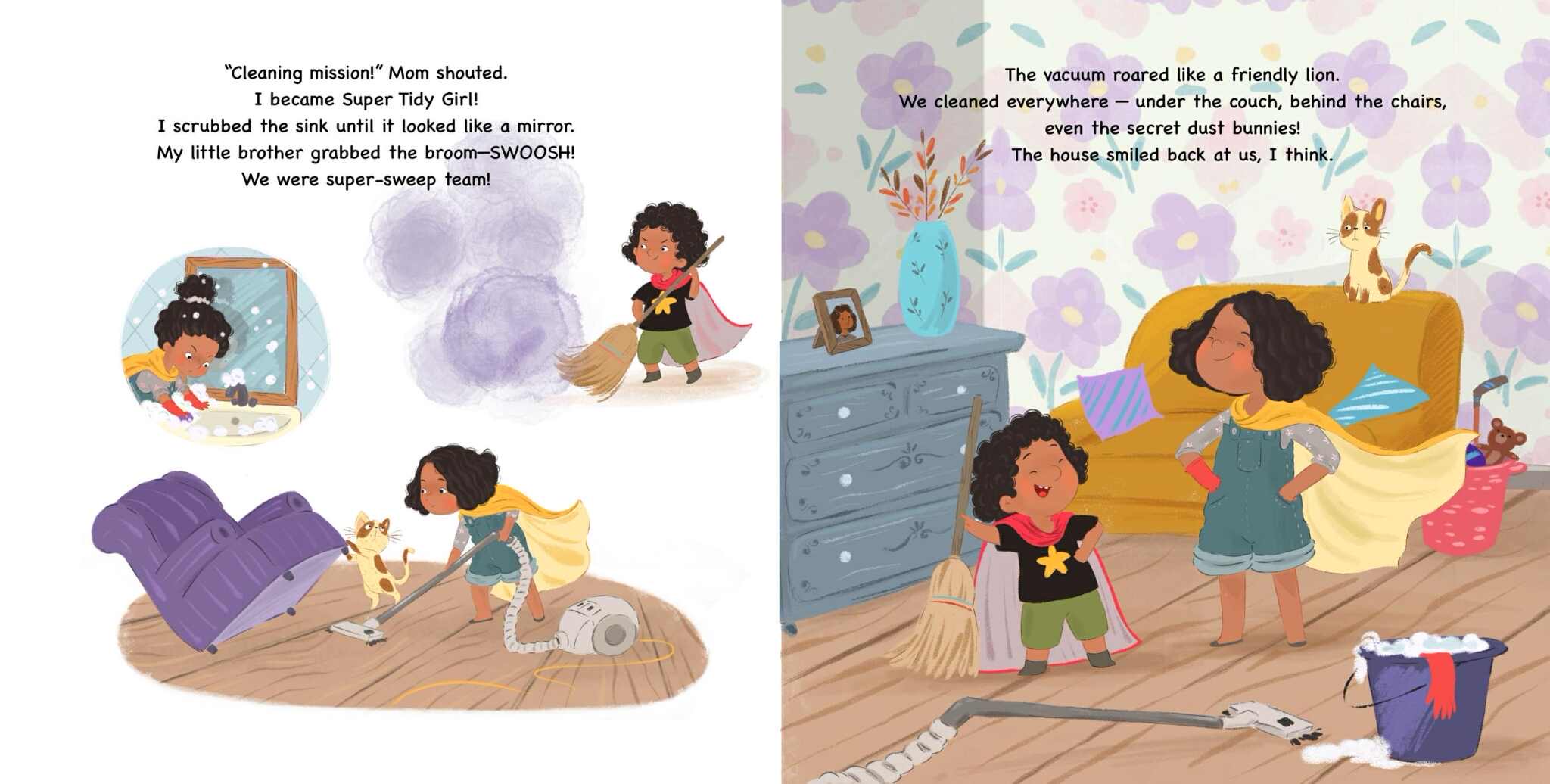 Two children playing with a toy vacuum and a dollhouse, with a cat nearby, in a cozy living room.