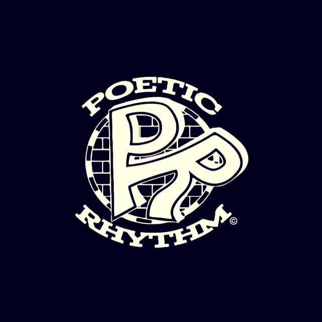 Logo with the words 'Poetic Rhythm' surrounding a stylized letter 'P' and 'R' with brick pattern background.