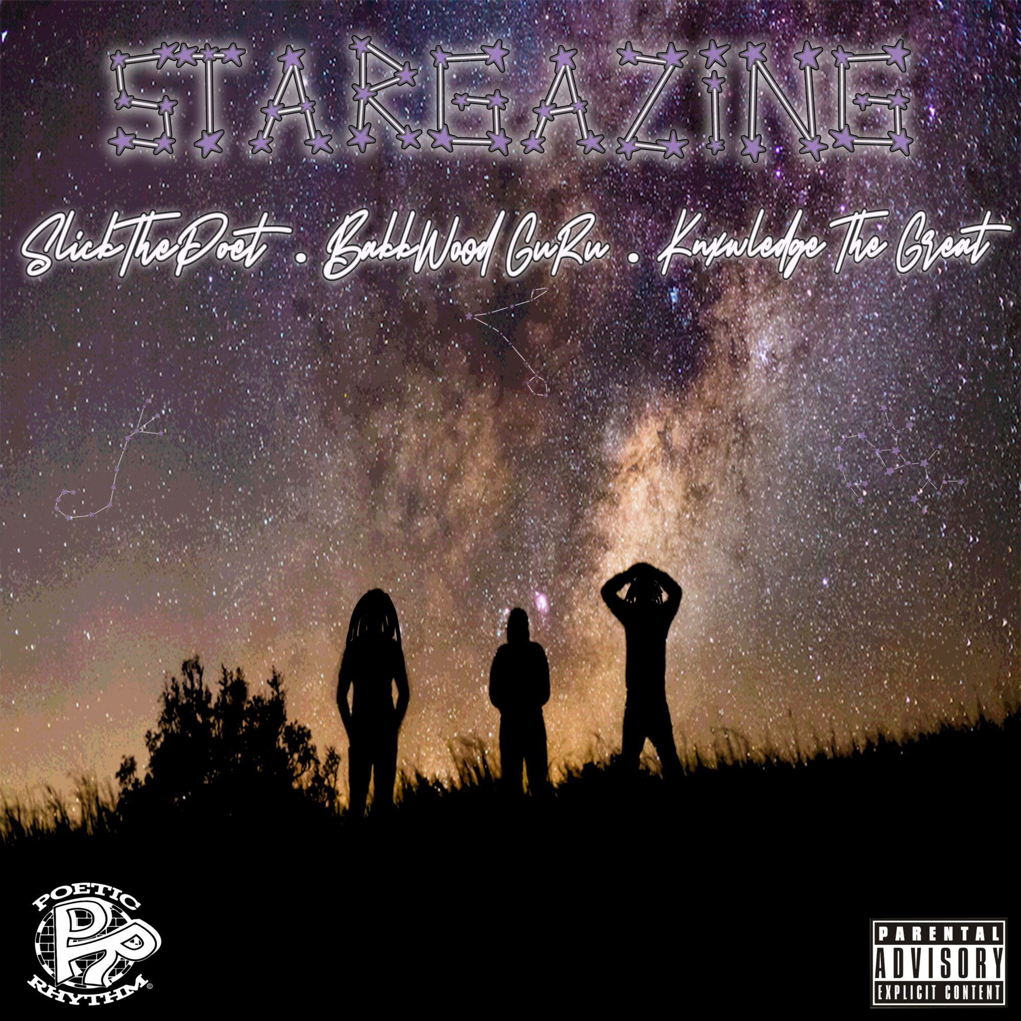 Three people stand outdoors under a starry night sky with the Milky Way visible, and text overlay reading 'STAREAZINE' and a quote.