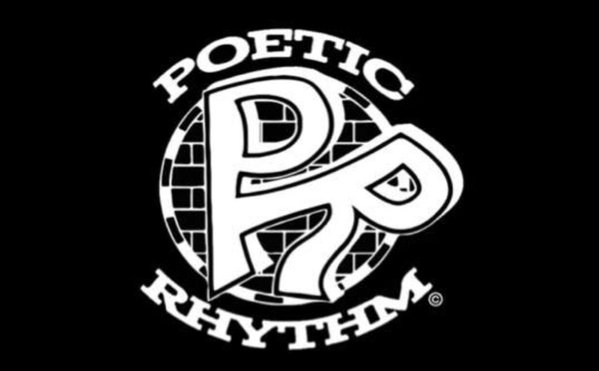 Black background with white circular logo reading 'Poetic Rhythms' and stylized 'PR' in the center.