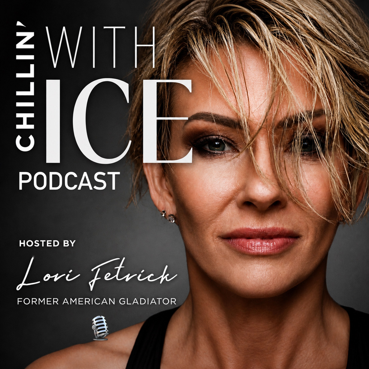Close-up of a woman with short blonde hair, smiling slightly, with text about a podcast hosted by Lori Fetrich.