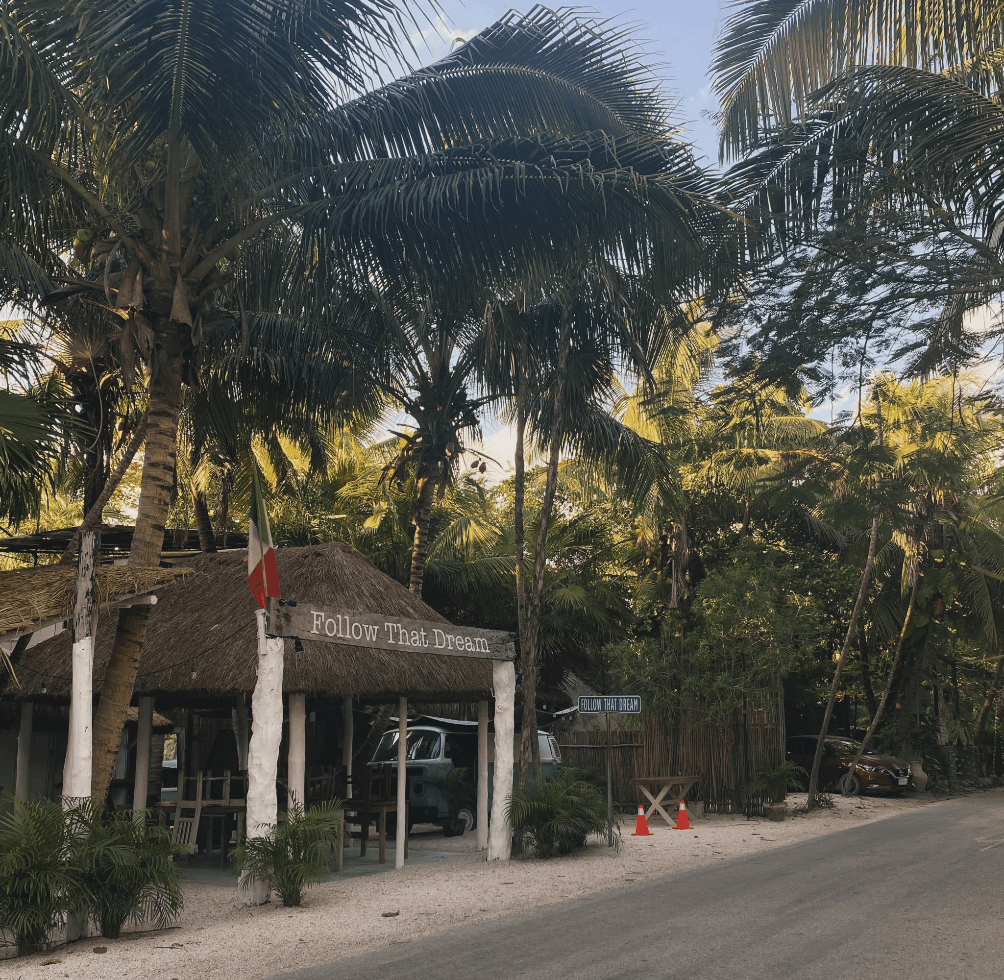 Street view with palm trees, a small building with a sign, and parked cars, under a clear sky.