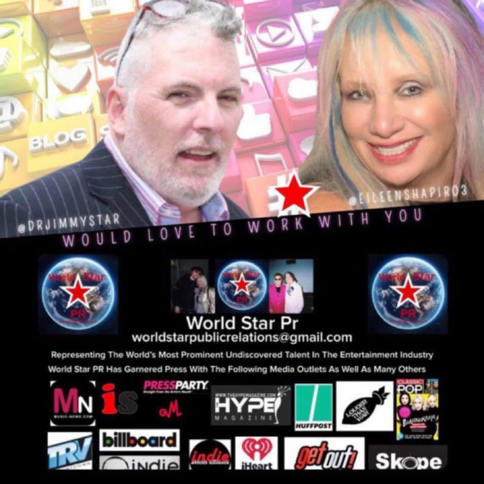 Two people smiling, with a colorful background and social media icons, promoting a world star program and media outlets.