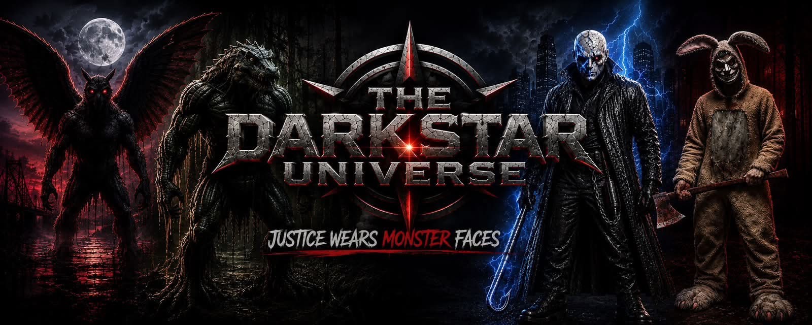 Promotional image for The Dark Star Universe featuring five characters with dark backgrounds.
