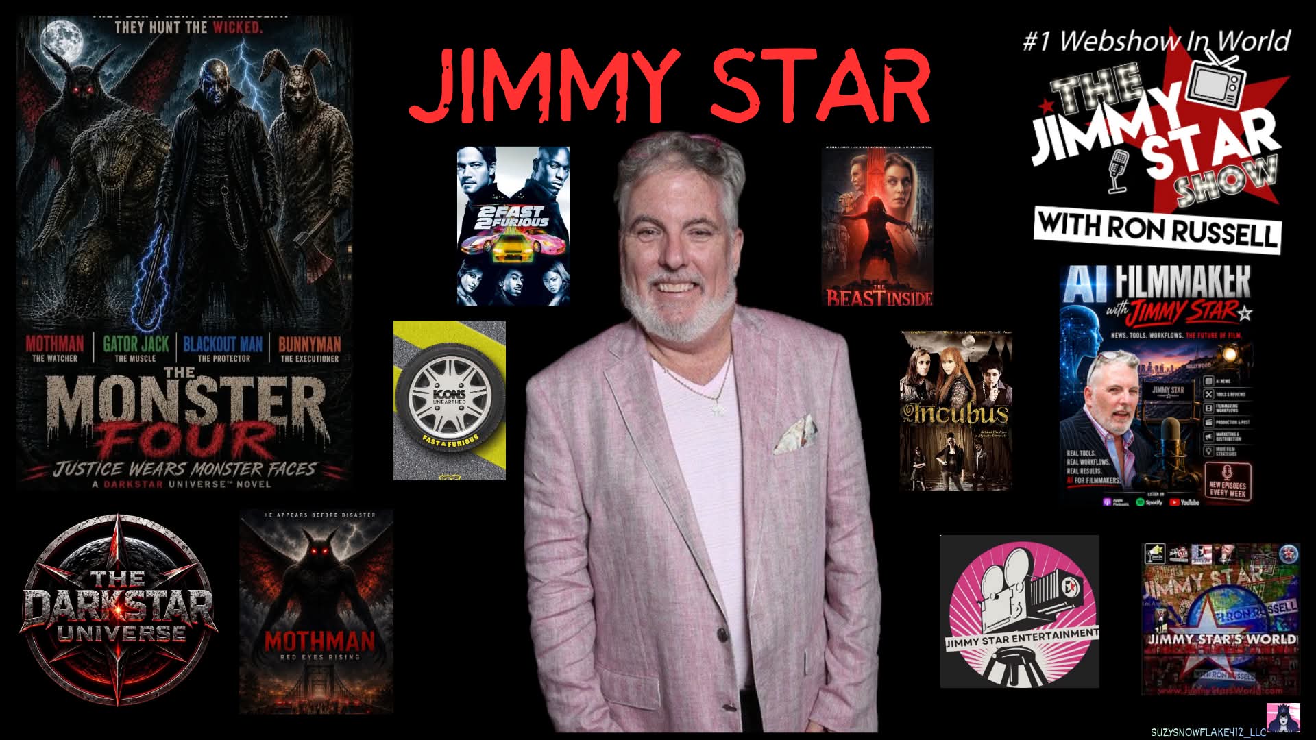 Collage of images including Jimmy Star, movie posters, and promotional graphics, with a central photo of a smiling man in a light-colored blazer.