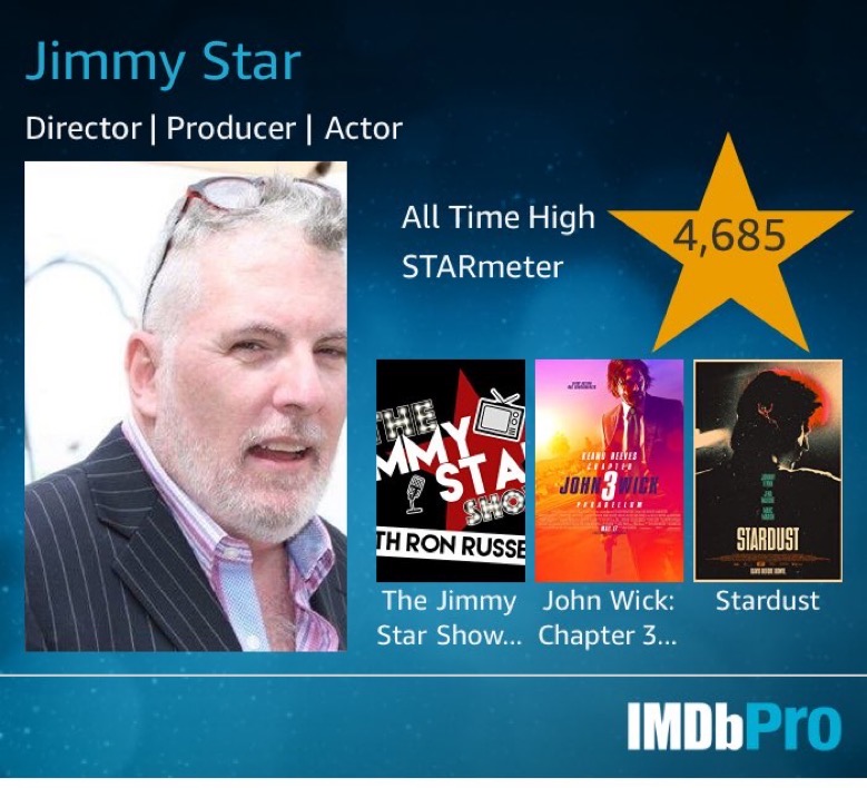 Close-up of a man with glasses and a beard, wearing a suit, with text about Jimmy Star and star ratings.