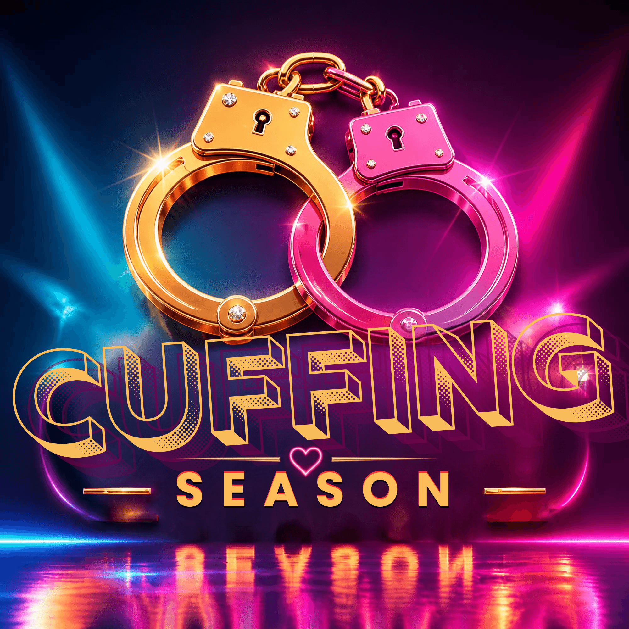 Two handcuffs, one gold and one pink, with neon lighting and the words 'GUFFING SEASON' below, reflected on a shiny surface.