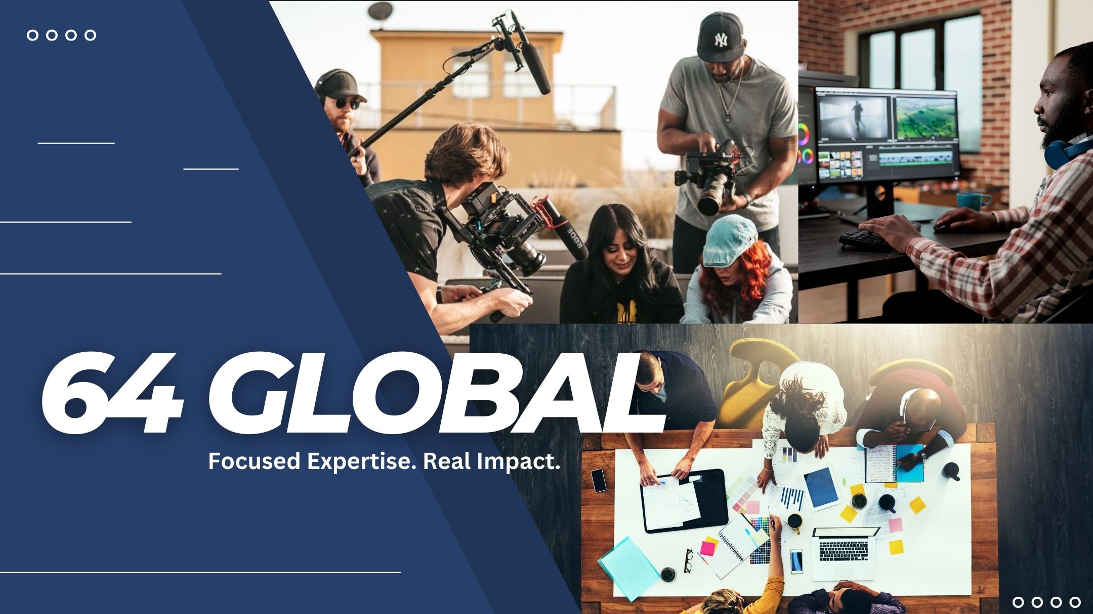 Collage of people working with technology, including a person with a camera, a person at a computer, and a group discussing data.