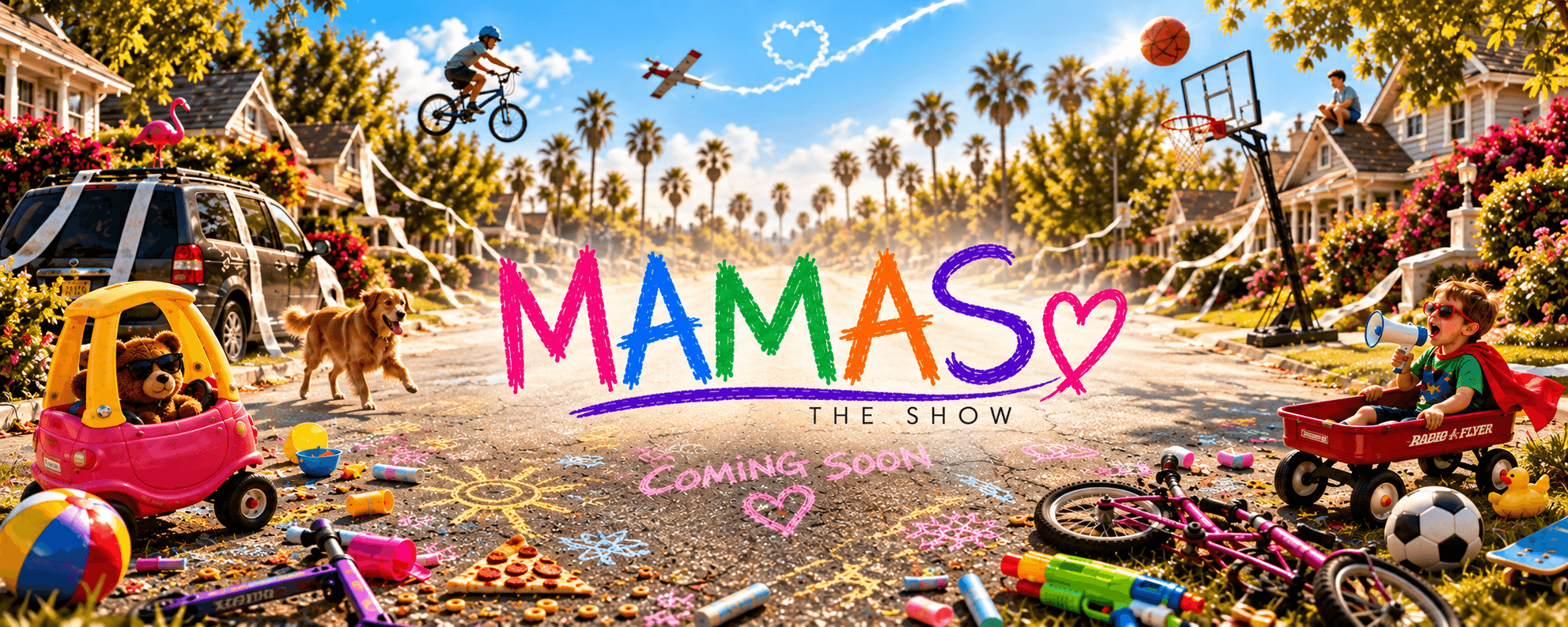Colorful outdoor scene with children playing, bikes, and toys, under a bright blue sky with trees and palm trees.